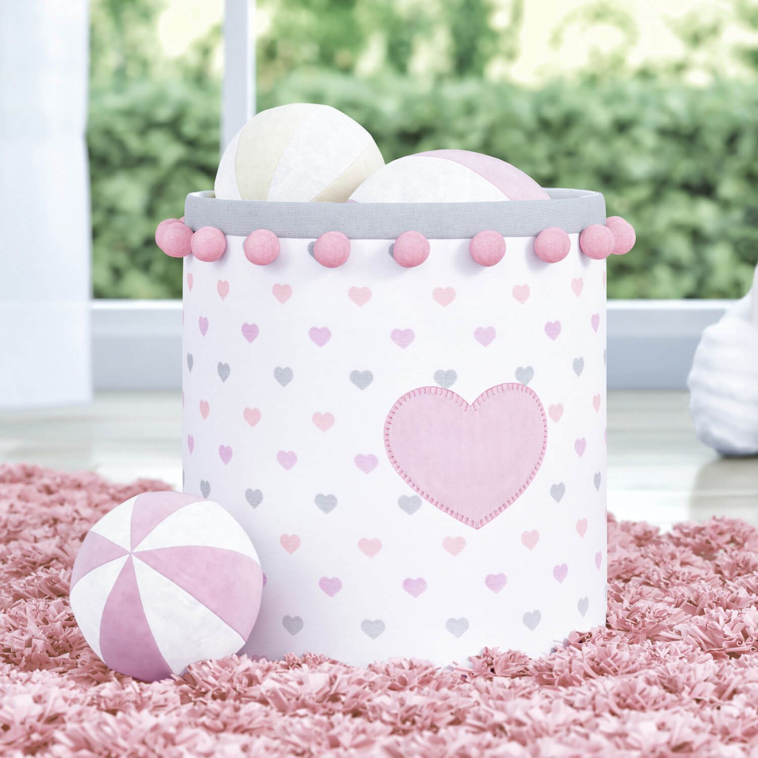 Cesto Organizador para Brinquedos Pompom Corações 24cm