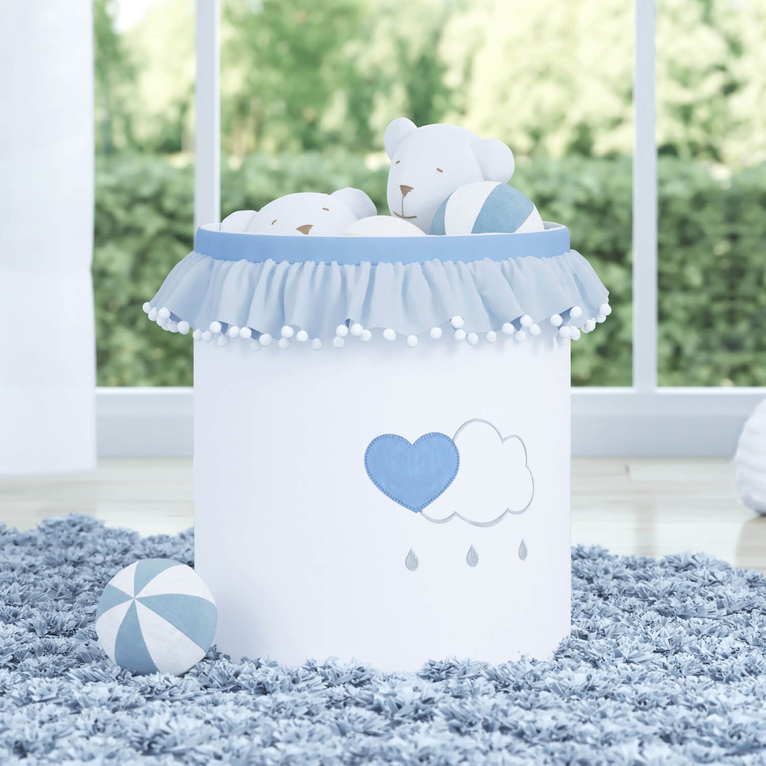 Cesto Organizador para Brinquedos Pompom e Babado Chuva de Amor Azul 35cm 