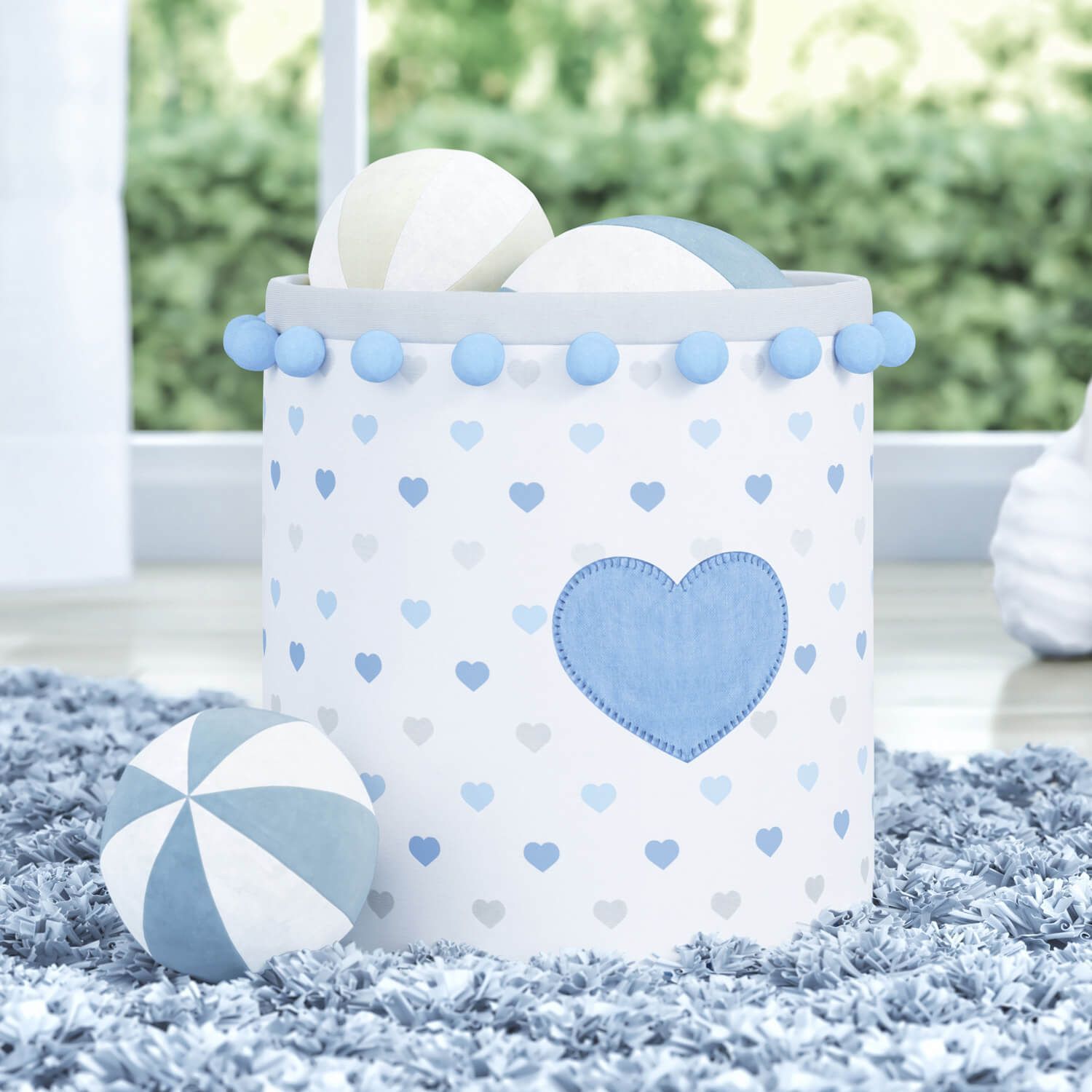 Cesto Organizador para Brinquedos Pompom Corações Azul 24cm