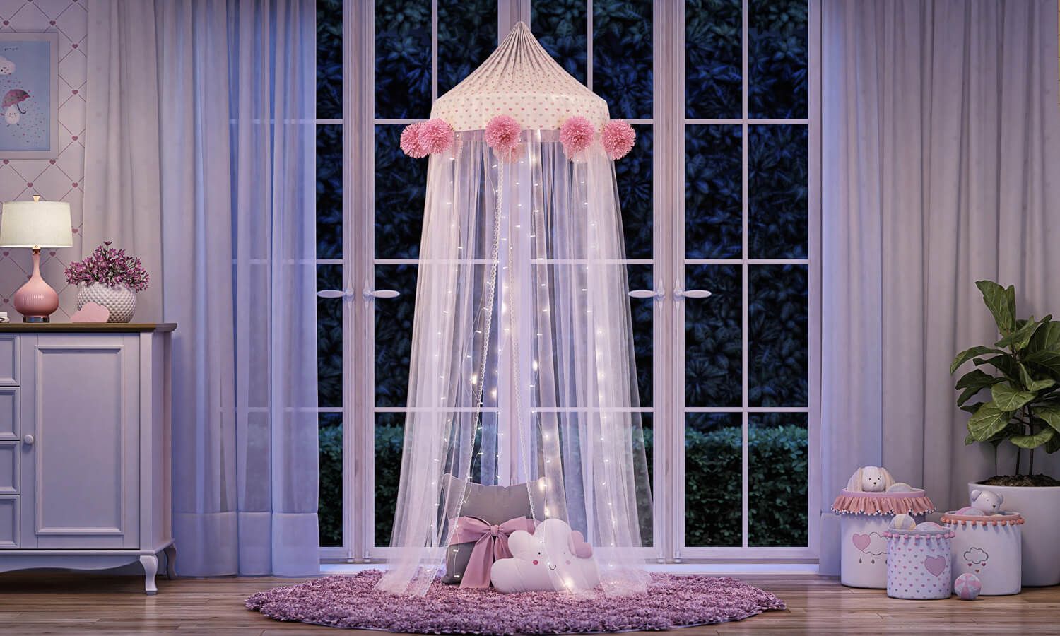 Tenda Dossel Tule e Renda Corações Rosa 2m