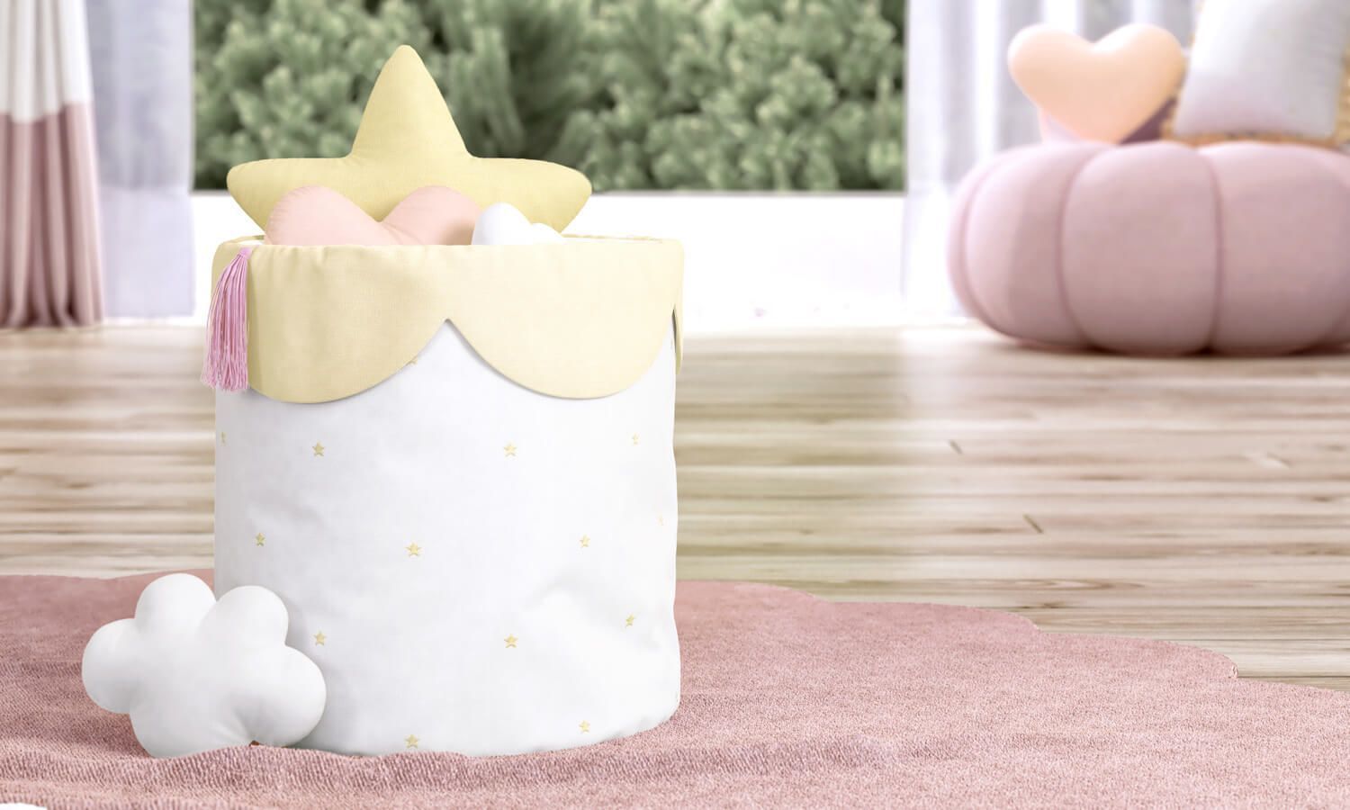 Cesto Organizador para Brinquedos Estrelinhas Amarelo/Rosé 24cm