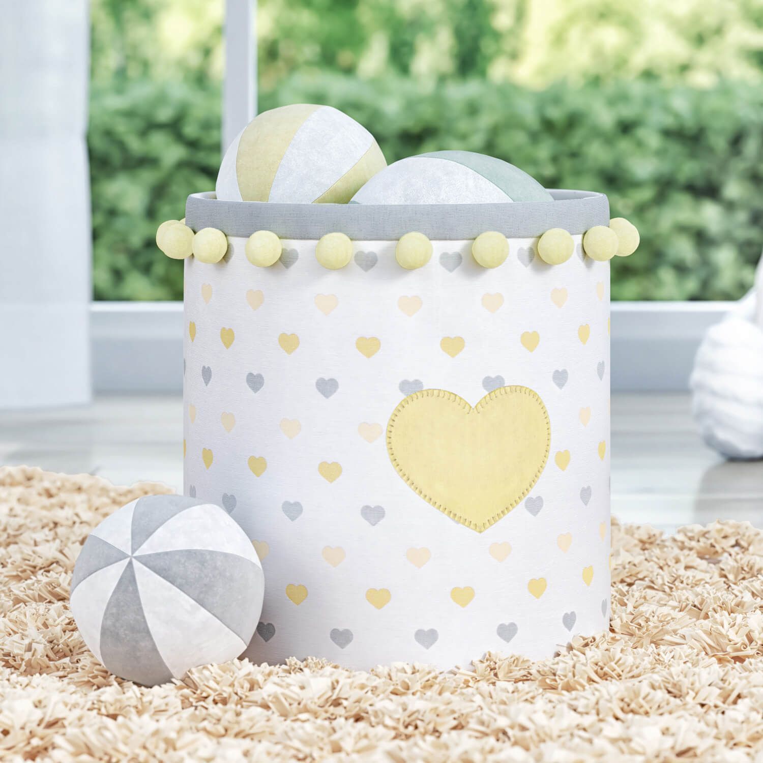 Cesto Organizador para Brinquedos Pompom Corações Amarelo 24cm