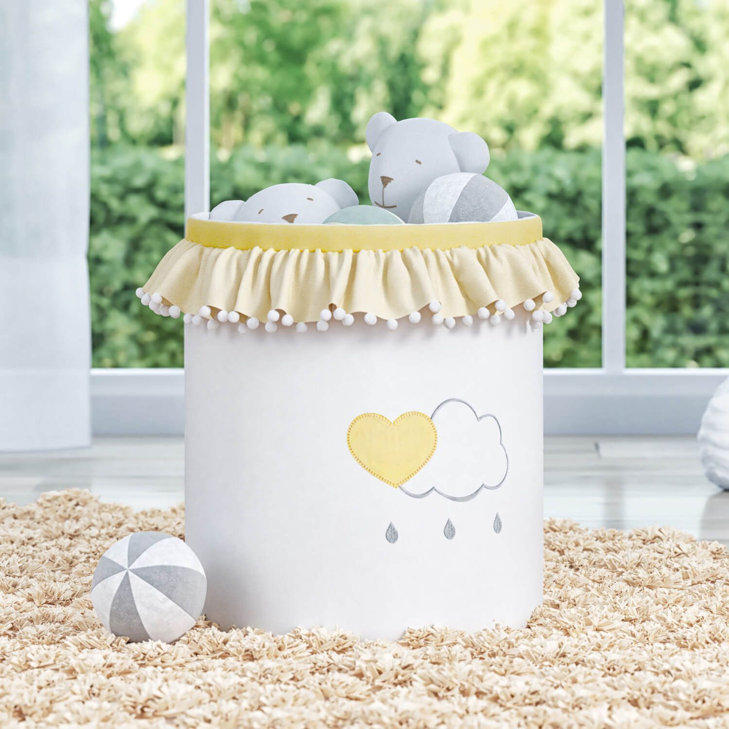 Cesto Organizador para Brinquedos Pompom e Babado Chuva de Amor Amarelo 35cm 