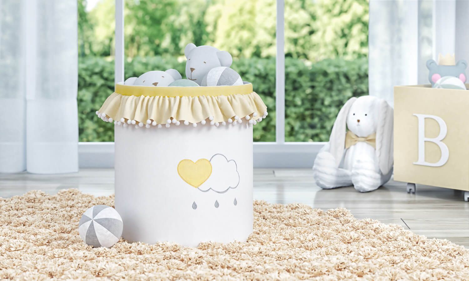 Cesto Organizador para Brinquedos Pompom e Babado Chuva de Amor 35cm