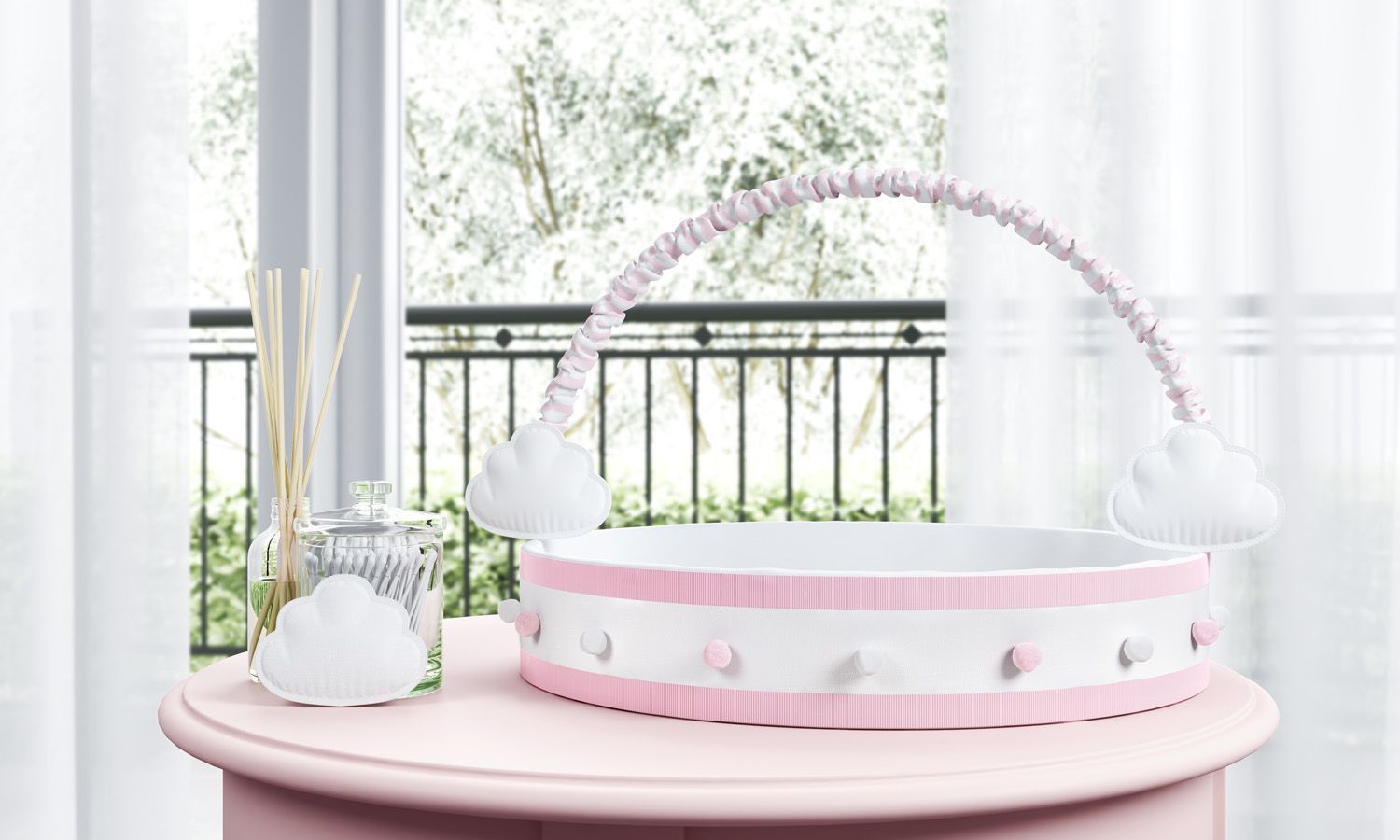 Cesta Nuvem de Algodão com Pompons Cinza