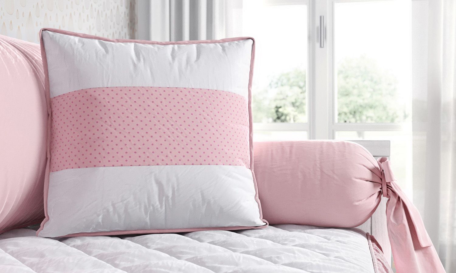 Almofada Branco/Rosa Poá 38cm