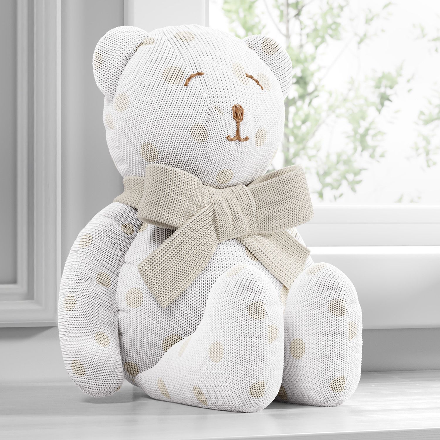 Urso Branco Tricot com Laço Poá Bege 42cm