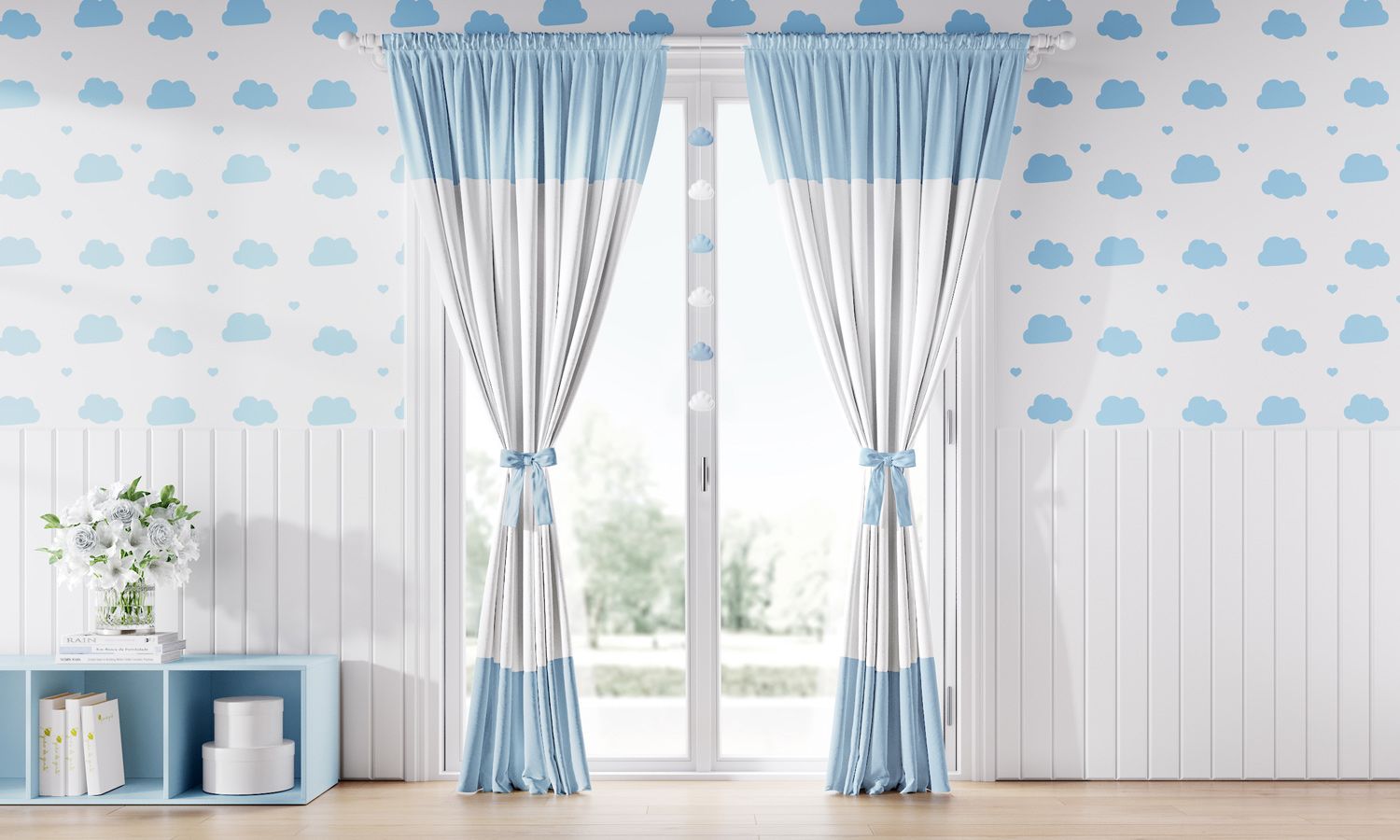 Cortina Branca e Azul com Laços