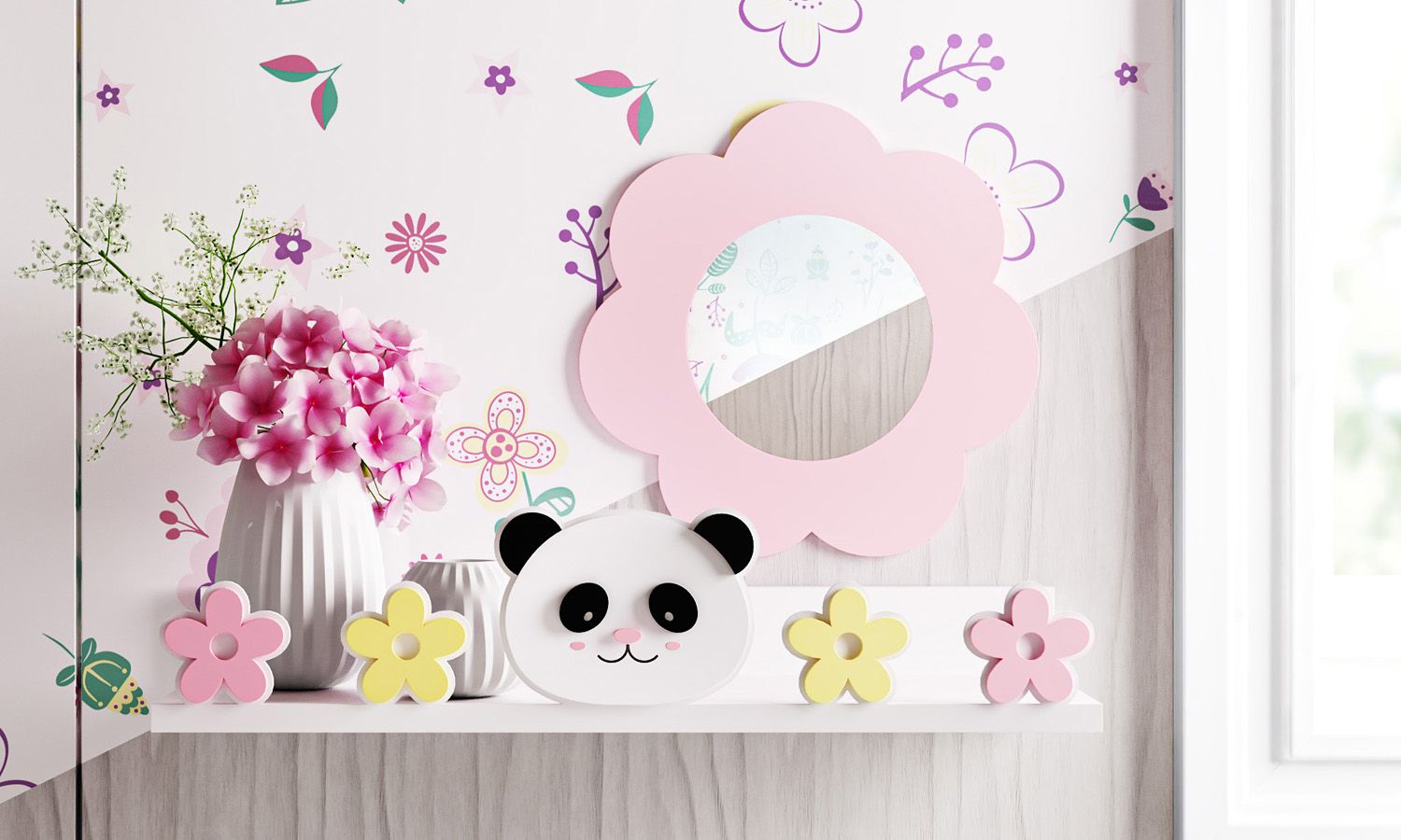 Prateleira MDF Panda Floral Moderna