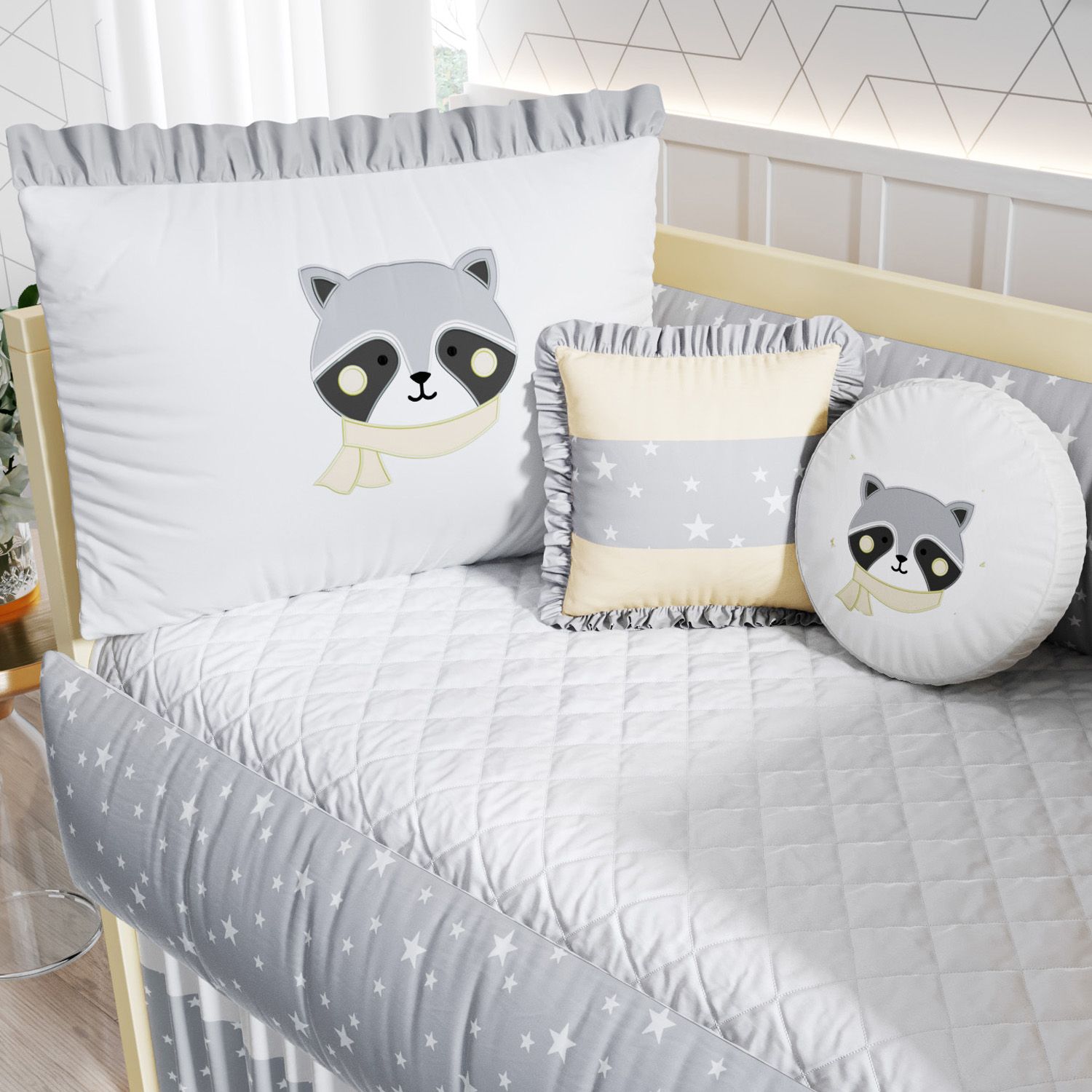 Kit Berço Guaxinim Amarelo e Cinza