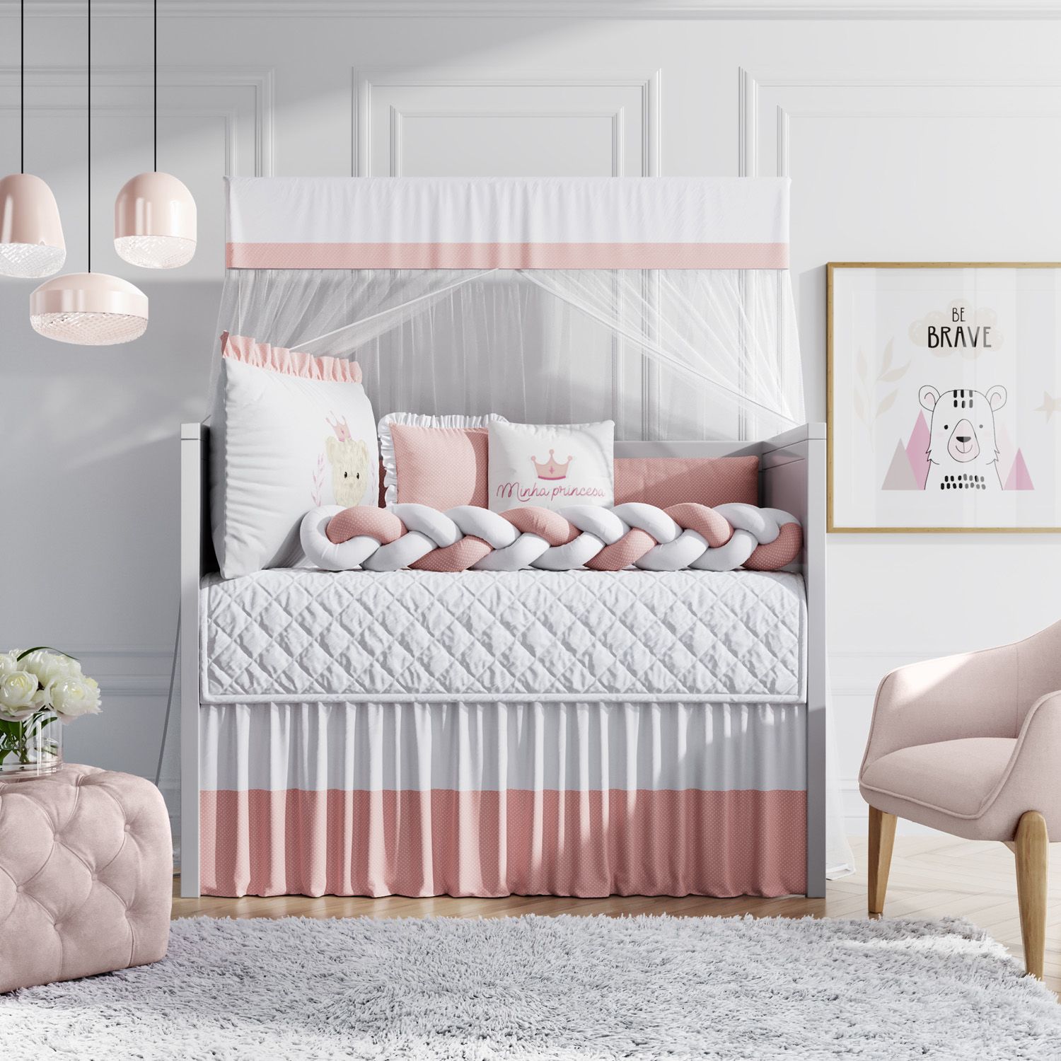 Kit Berço Trança Princesa Ursinha Rosé