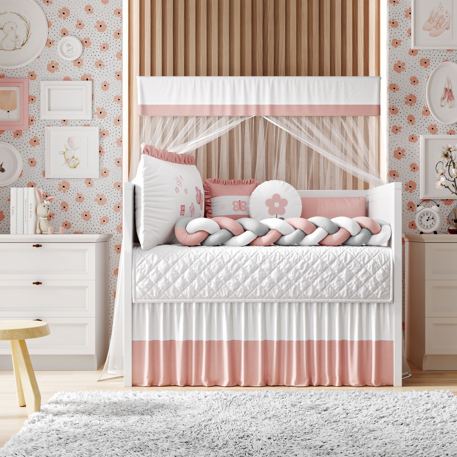 Kit Berço Trança Borboleta Poá Rose