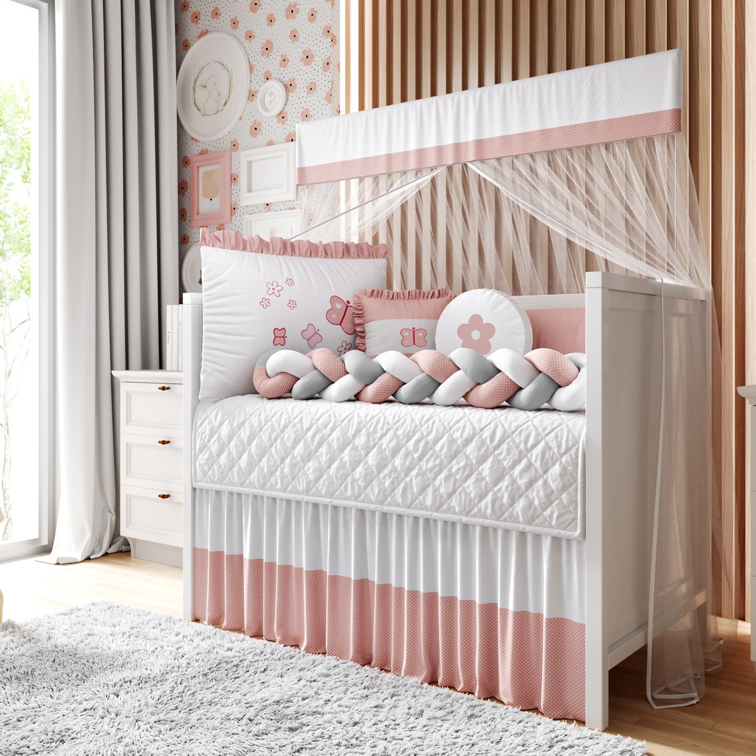 Kit Berço Trança Borboleta Poá Rose