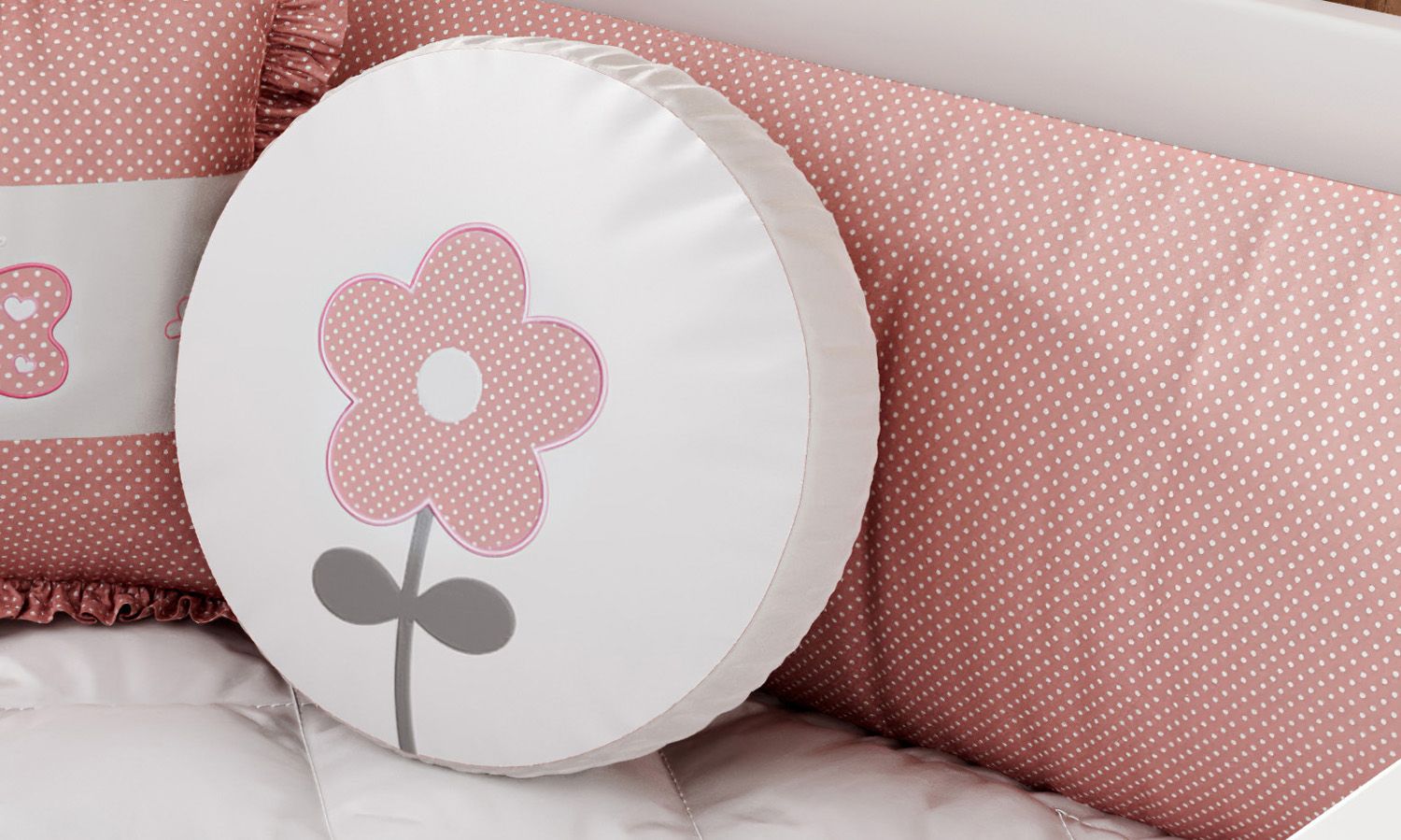 Almofada Redonda Flor Bolinha Poá Rosa 35cm