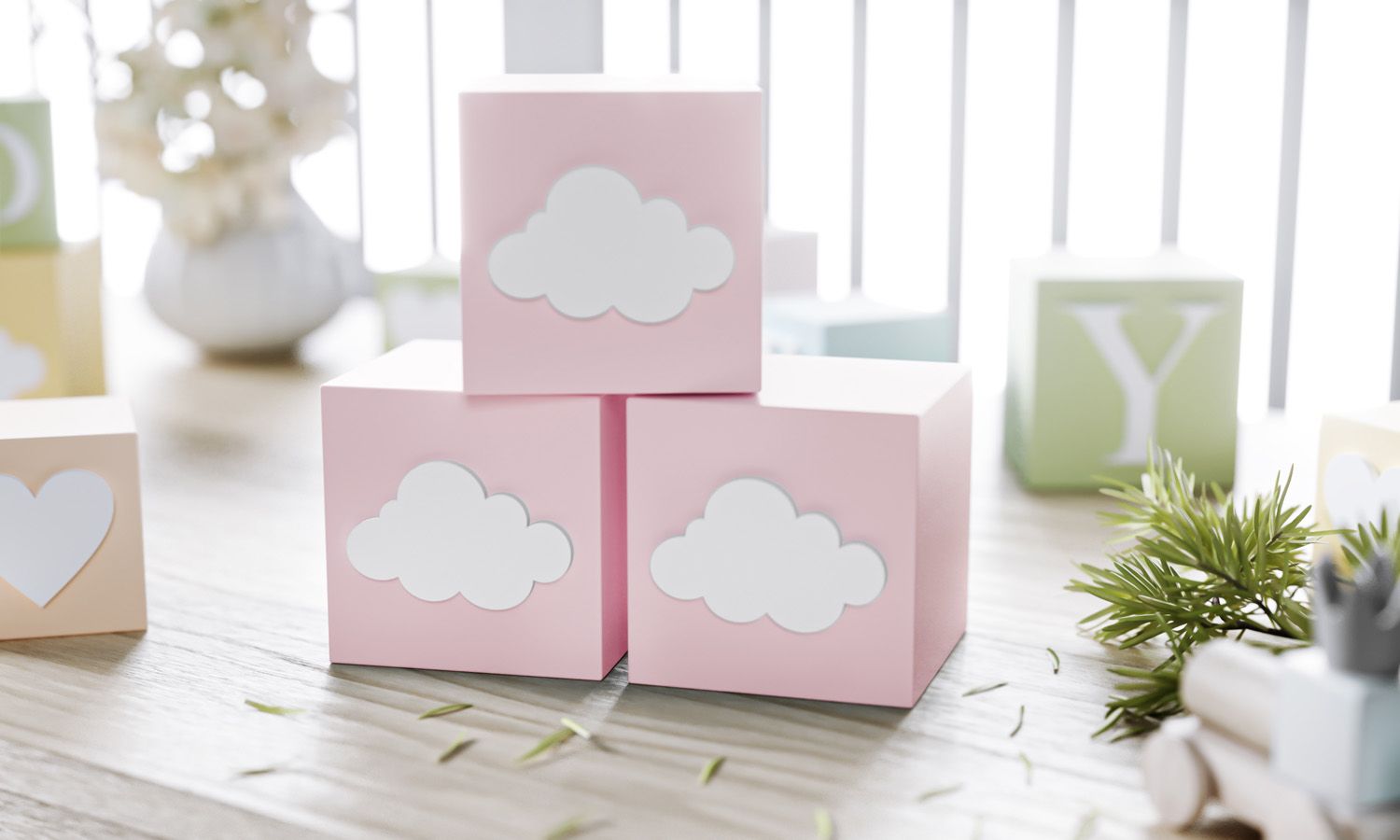 Cubo Decorativo Nuvem MDF Rosa 8cm