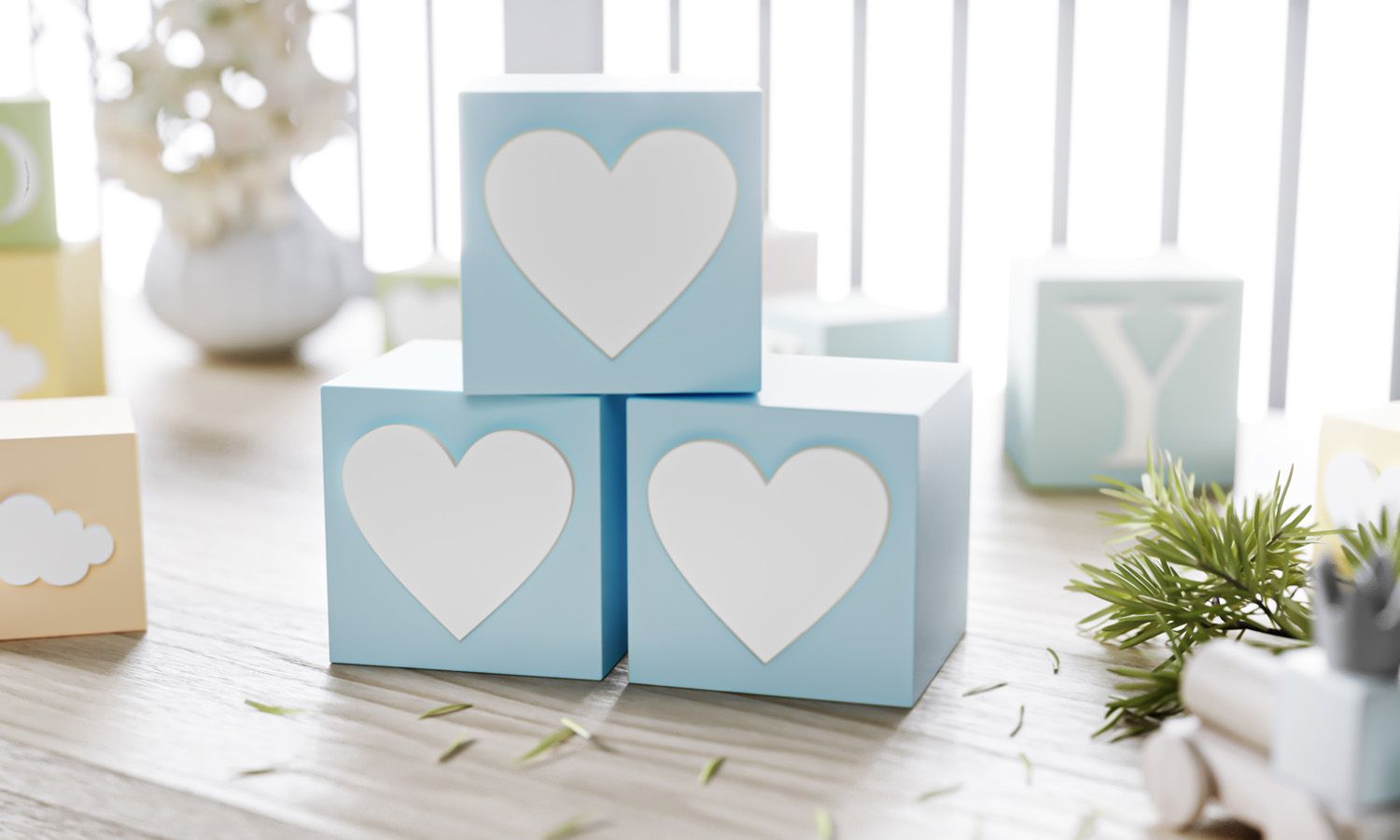 Cubo Decorativo Coração MDF Azul 8cm