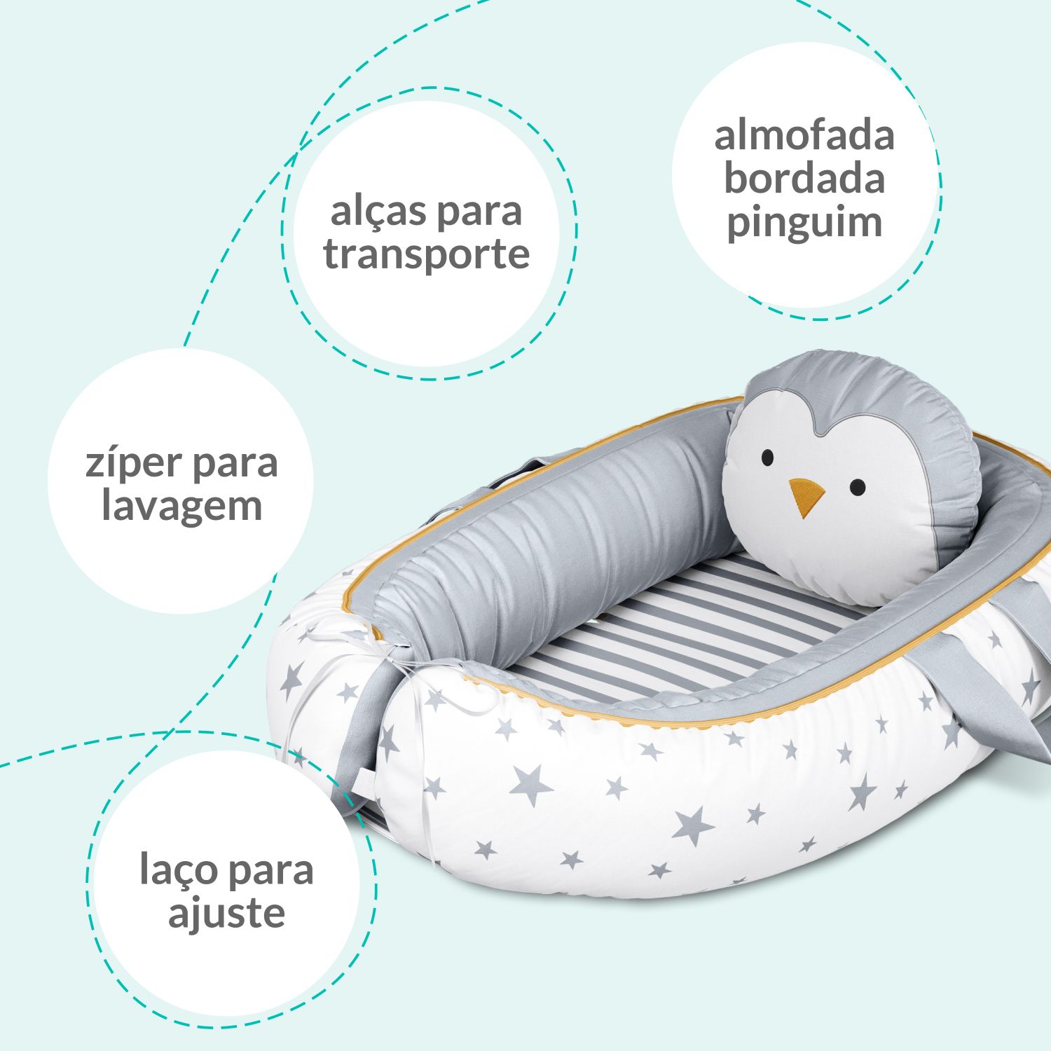 Ninho para Bebê Redutor de Berço Pinguim Estrelinha 80cm