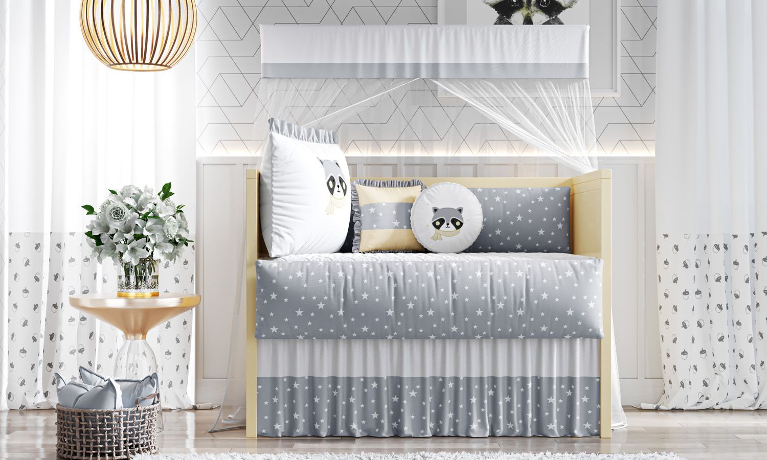 Kit Berço Guaxinim Amarelo e Cinza