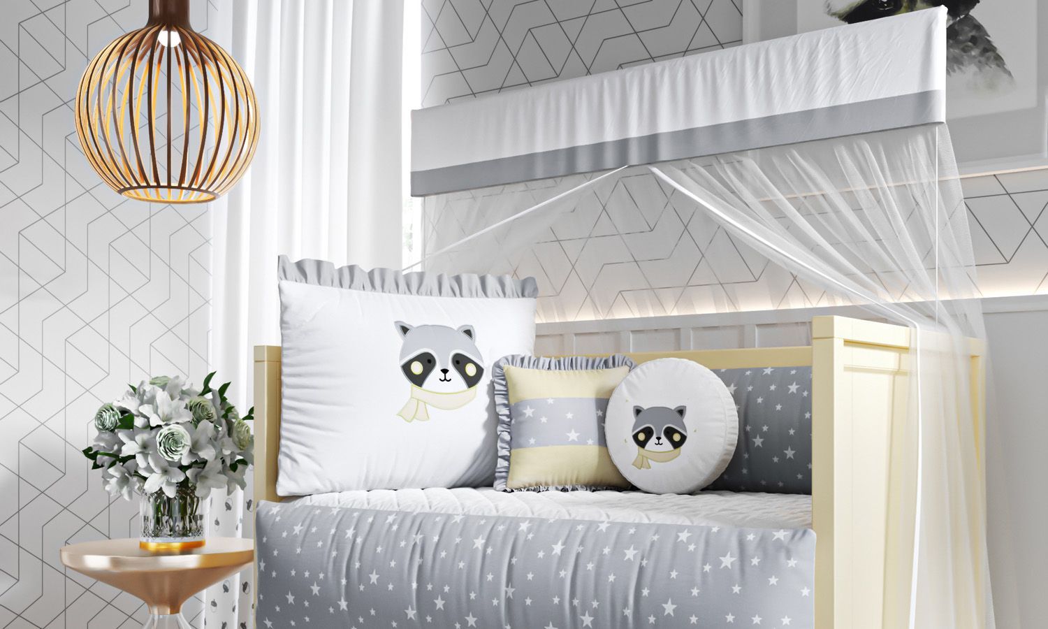 Kit Berço Guaxinim Amarelo e Cinza