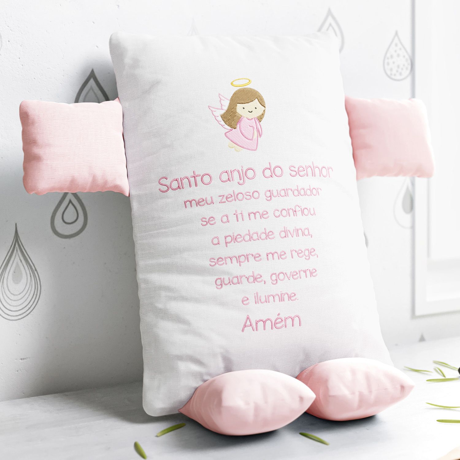 Naninha De Bebê Santo Anjo Rosa e Branco 32cm