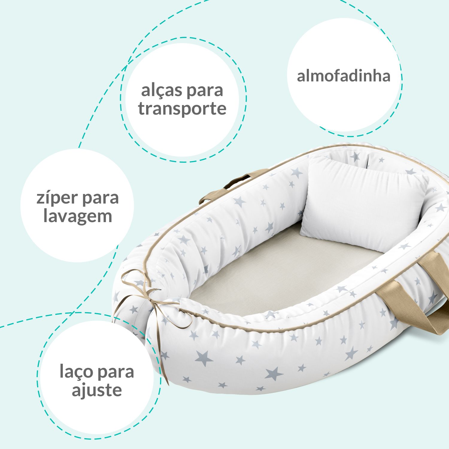 Ninho para Bebê Redutor de Berço Estrelinhas Cinza e Bege 80cm