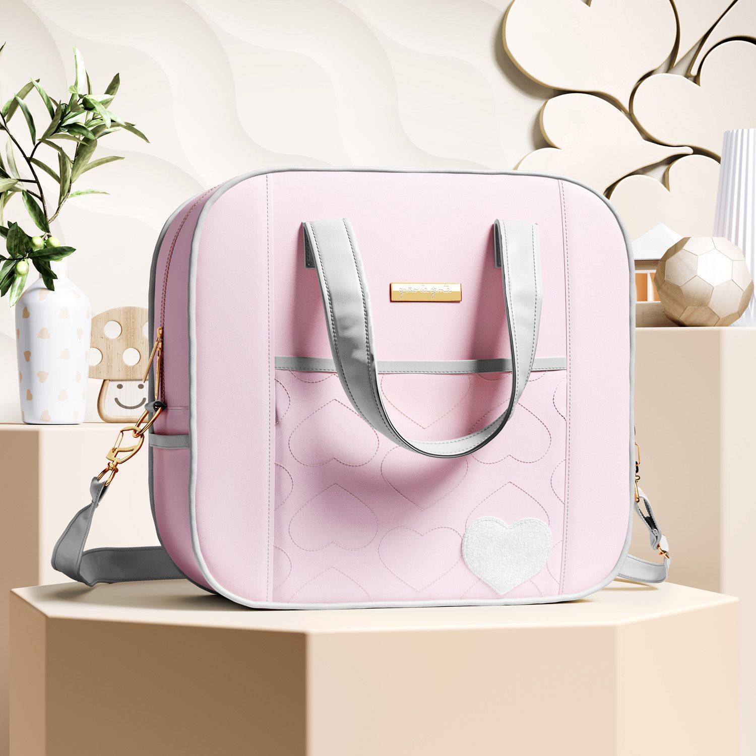 Bolsa Maternidade Coração Rosa e Cinza 34cm