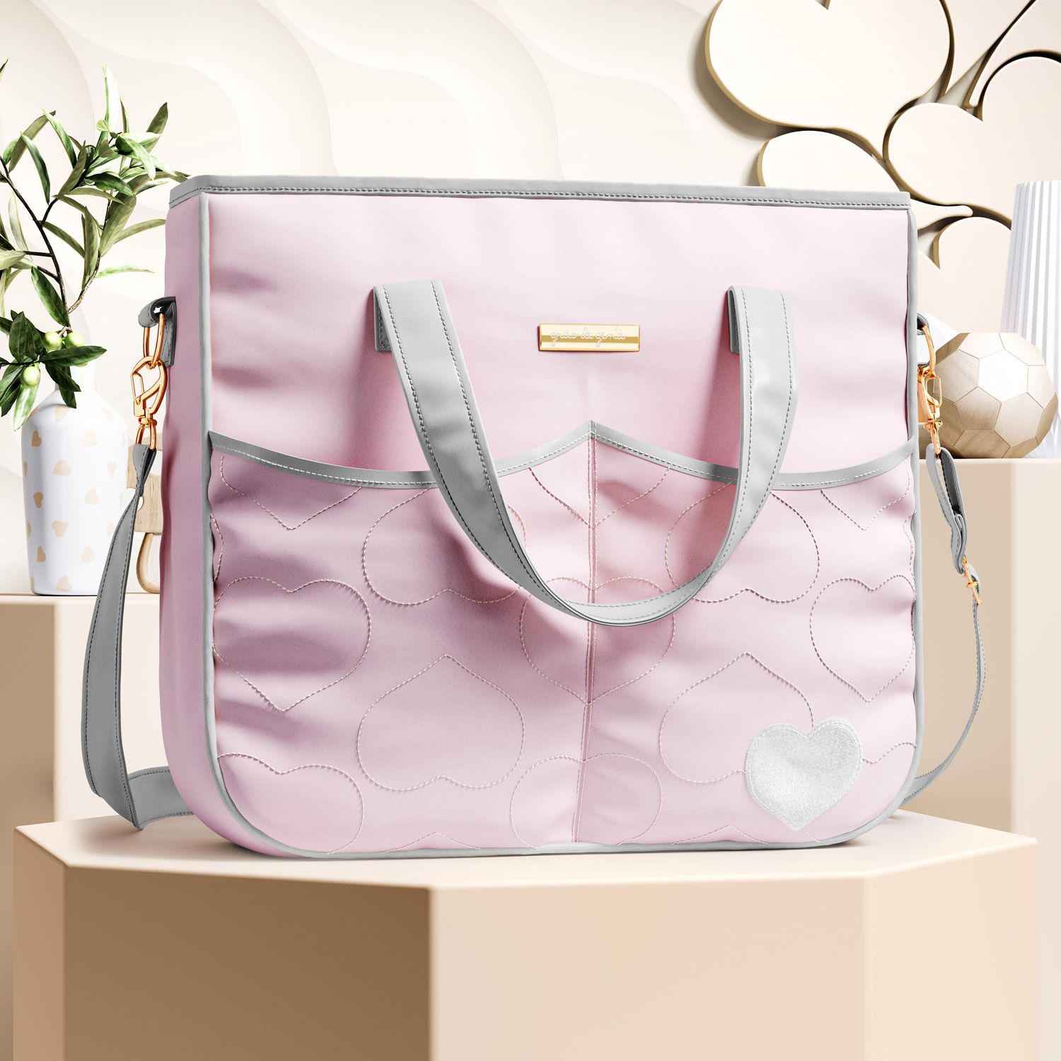 Bolsa Maternidade Tote Coração Rosa e Cinza 37cm