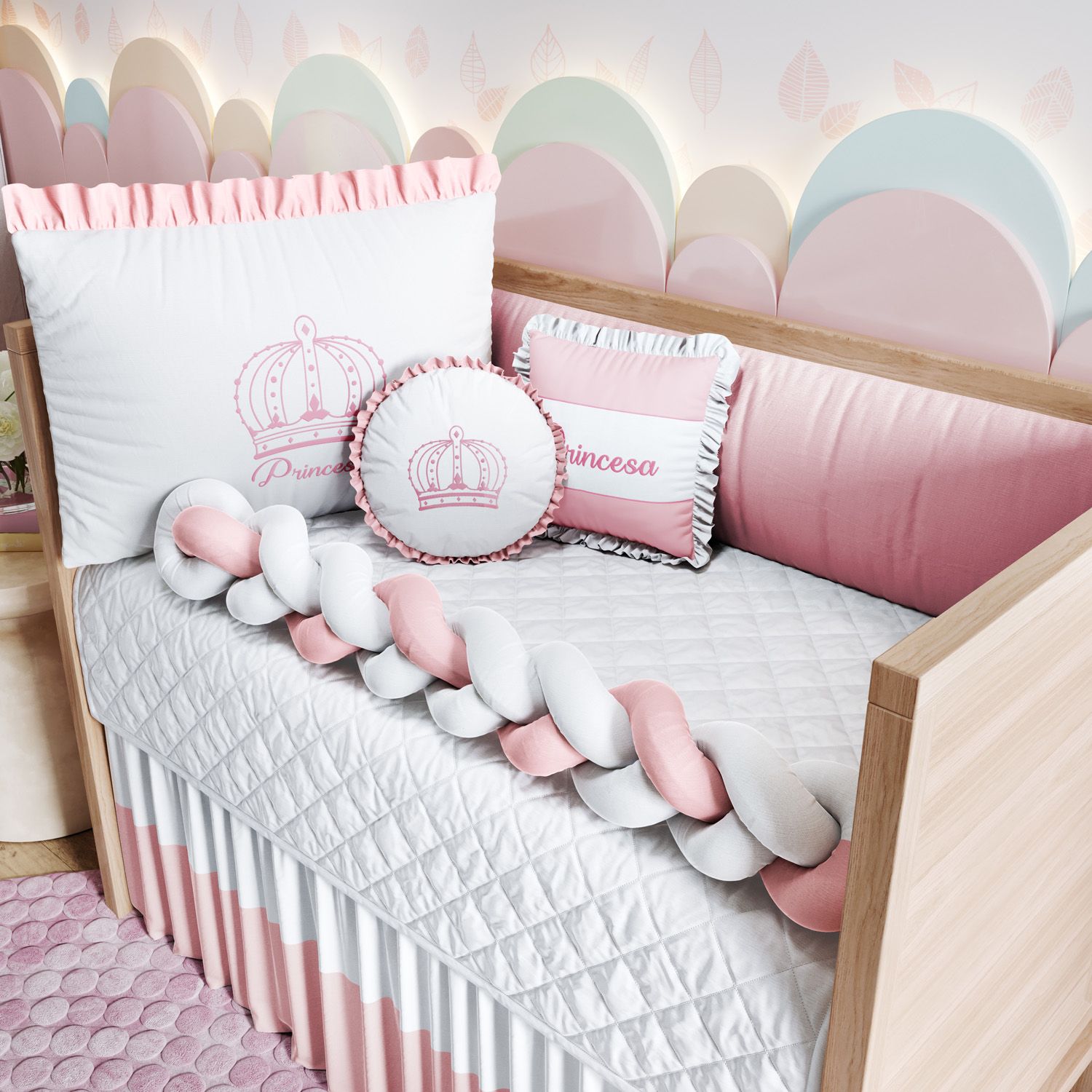 Kit Berço Trança Menina Princesa Rosa