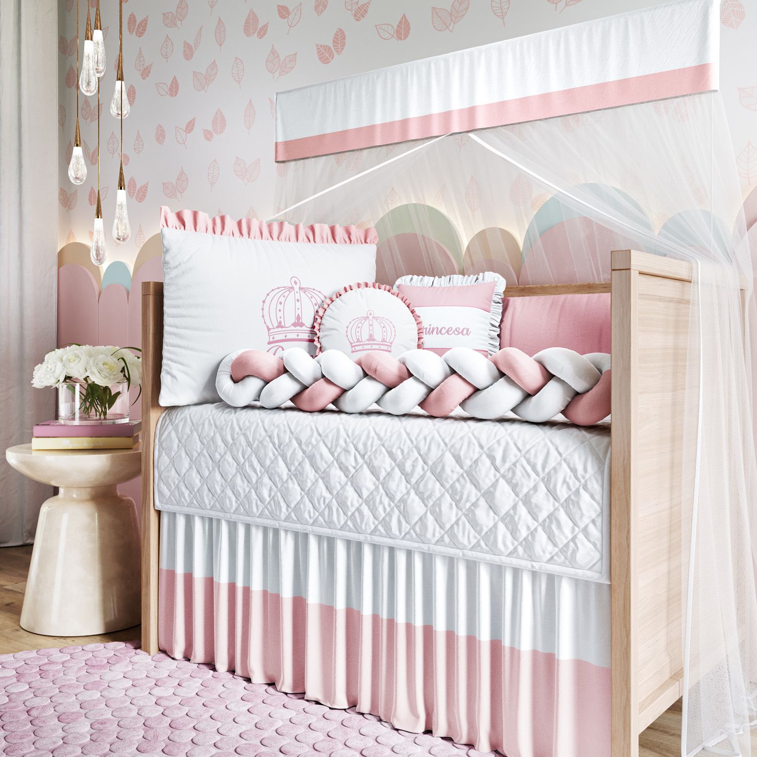 Kit Berço Trança Menina Princesa Rosa