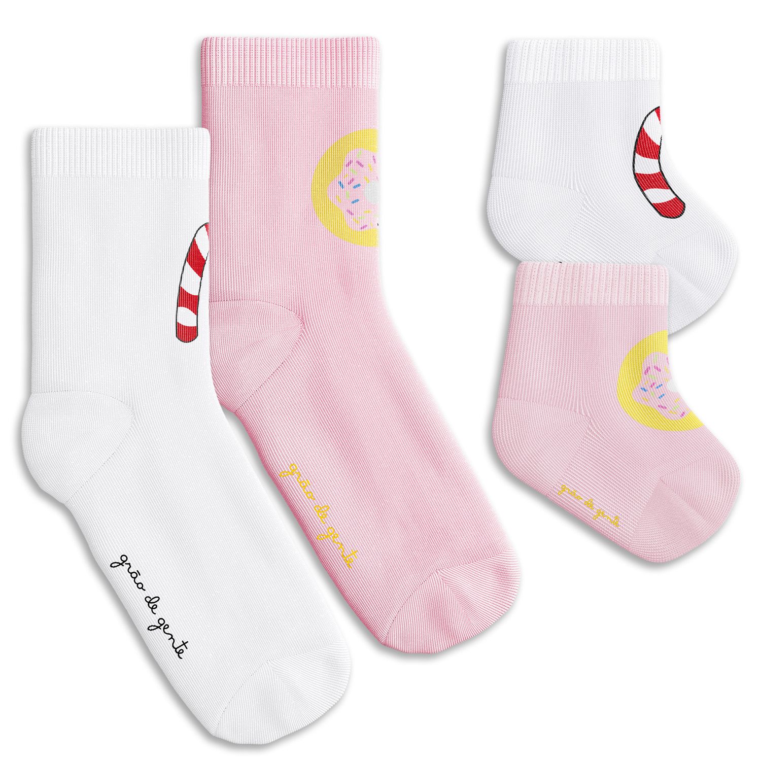 Kit Meia Bebê Tal Mãe Tal Filha Trocapé Pirulito e Donuts Rosa 4 Pares Tam 21/24 e 34/38