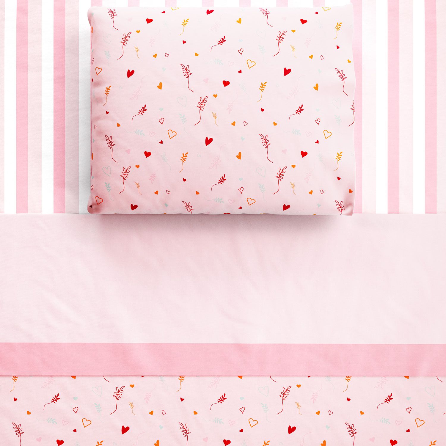 Jogo de Lençol Berço Coração, Listra e Raminho Rosa 3 peças