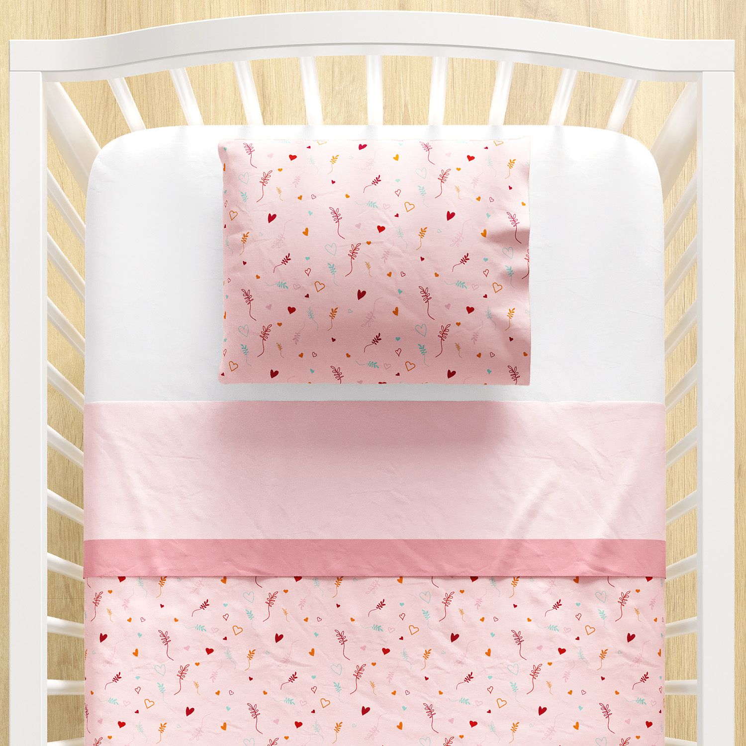 Jogo de Lençol Berço Coração, Listra e Raminho Rosa 3 peças