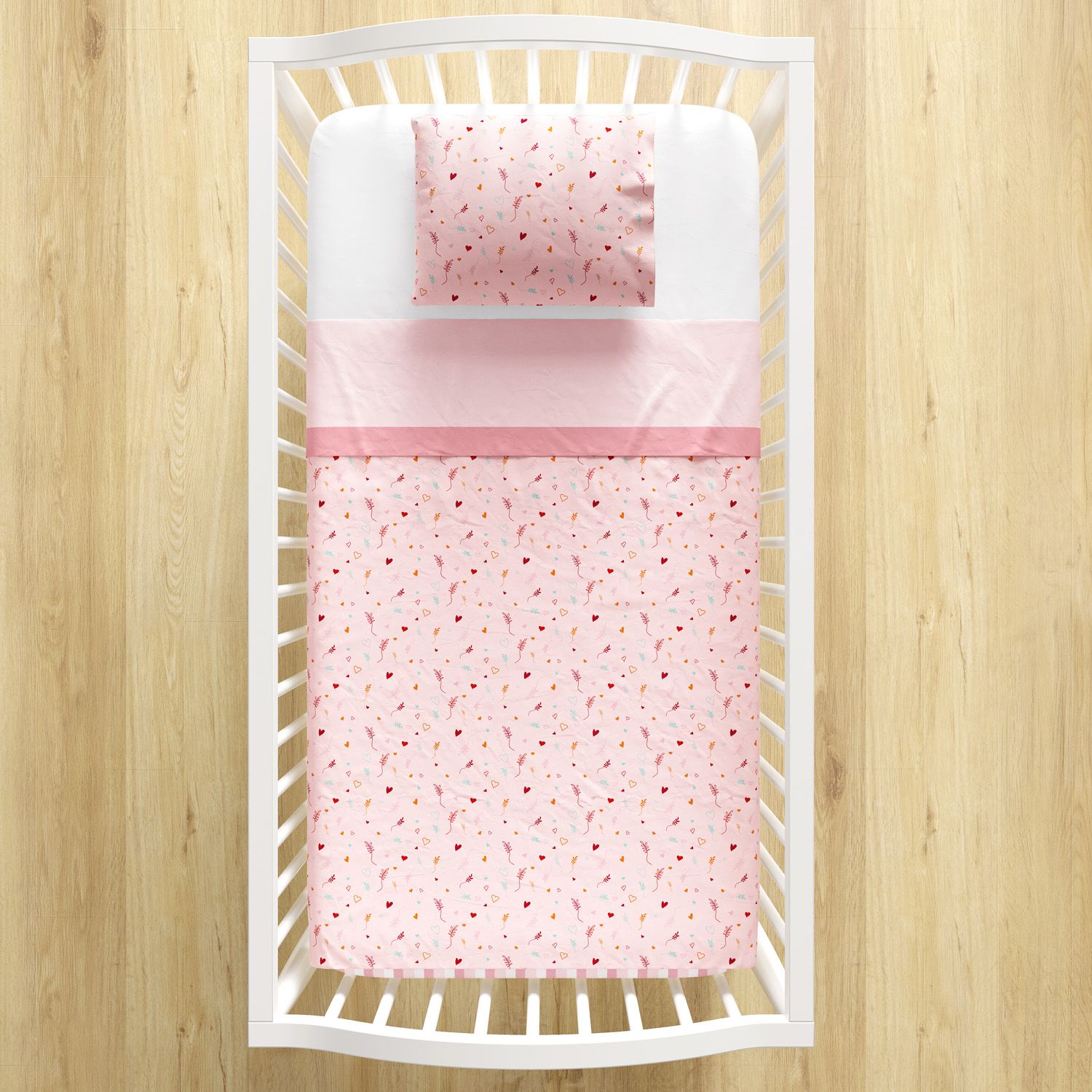 Jogo de Lençol Berço Coração, Listra e Raminho Rosa 3 peças