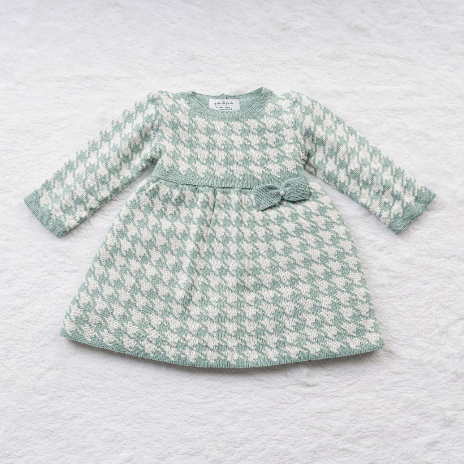 Vestido Tricot Jacquard Pied de Poule com Laço Verde e Off White