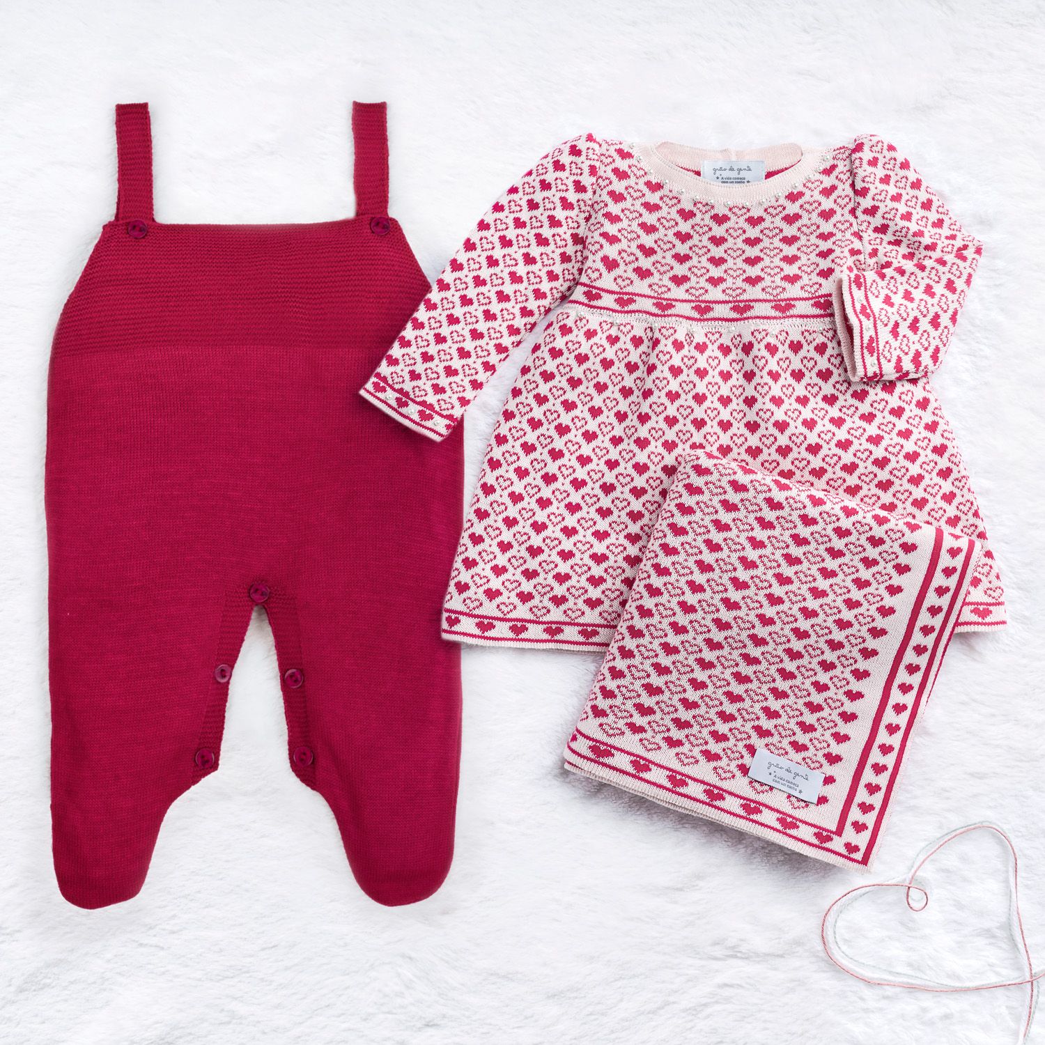 Saída Maternidade Tricot Jacquard Petit Coração Rosa 03 Peças