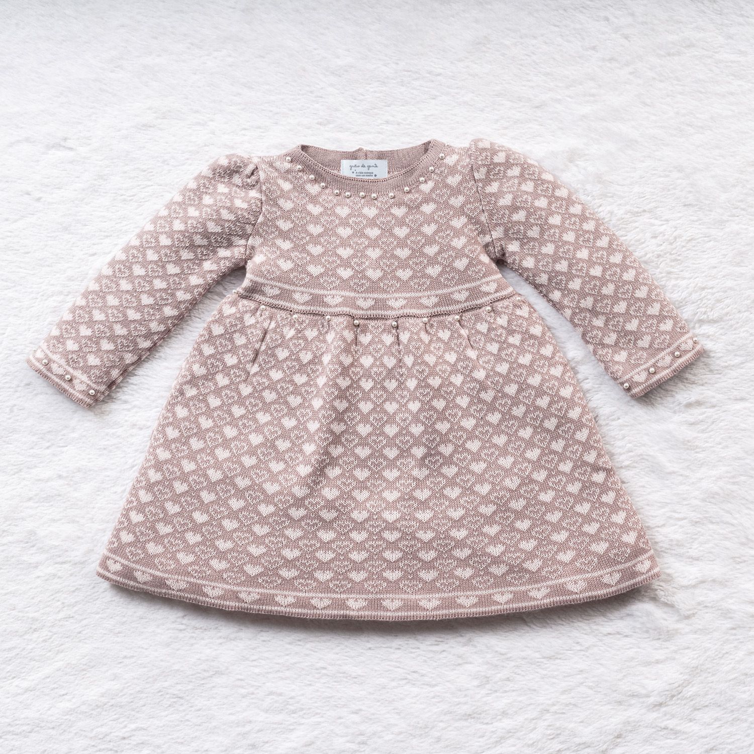 Vestido Tricot Jacquard Petit Coração com Pérolas Nude Rosé