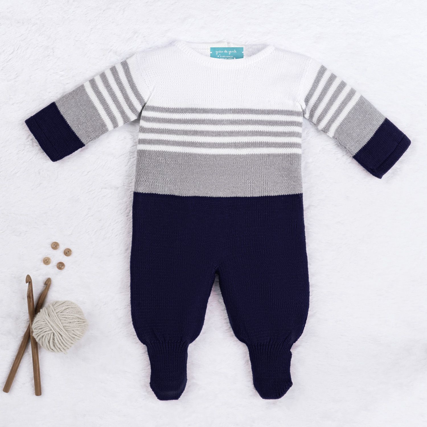 Macacão Tricot Listrado Reizinho Azul Marinho e Cinza