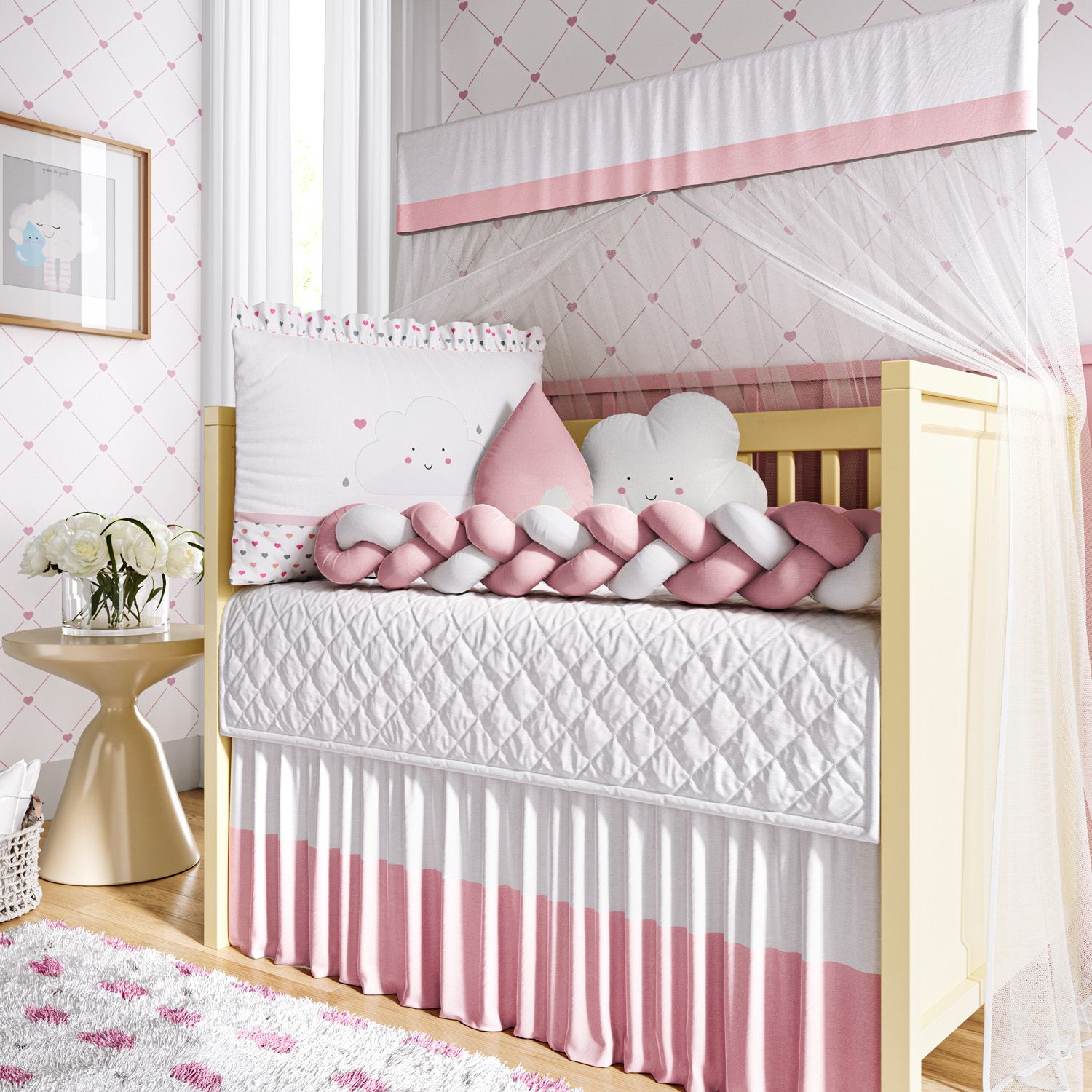 Quarto de Bebê Trança Nuvem Coração Rosa