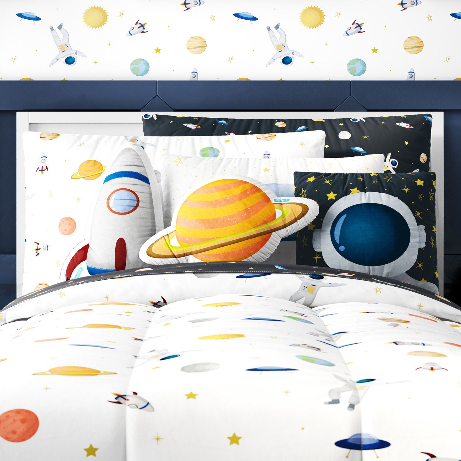 Kit Cama Infantil Solteiro Astronauta Branco e Preto