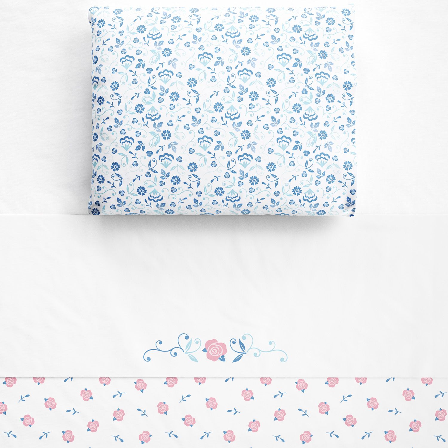 Jogo de Lençol Berço Floral Liberty Rosa e Azul 3 peças