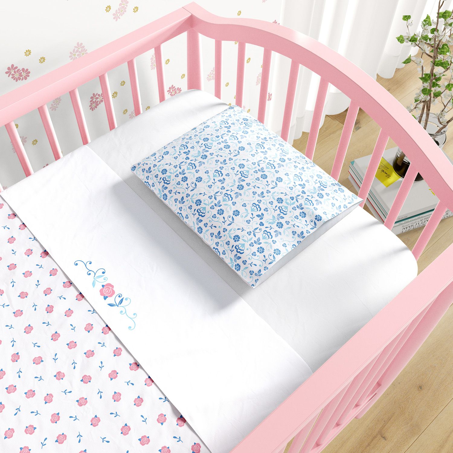 Jogo de Lençol Berço Floral Liberty Rosa e Azul 3 peças