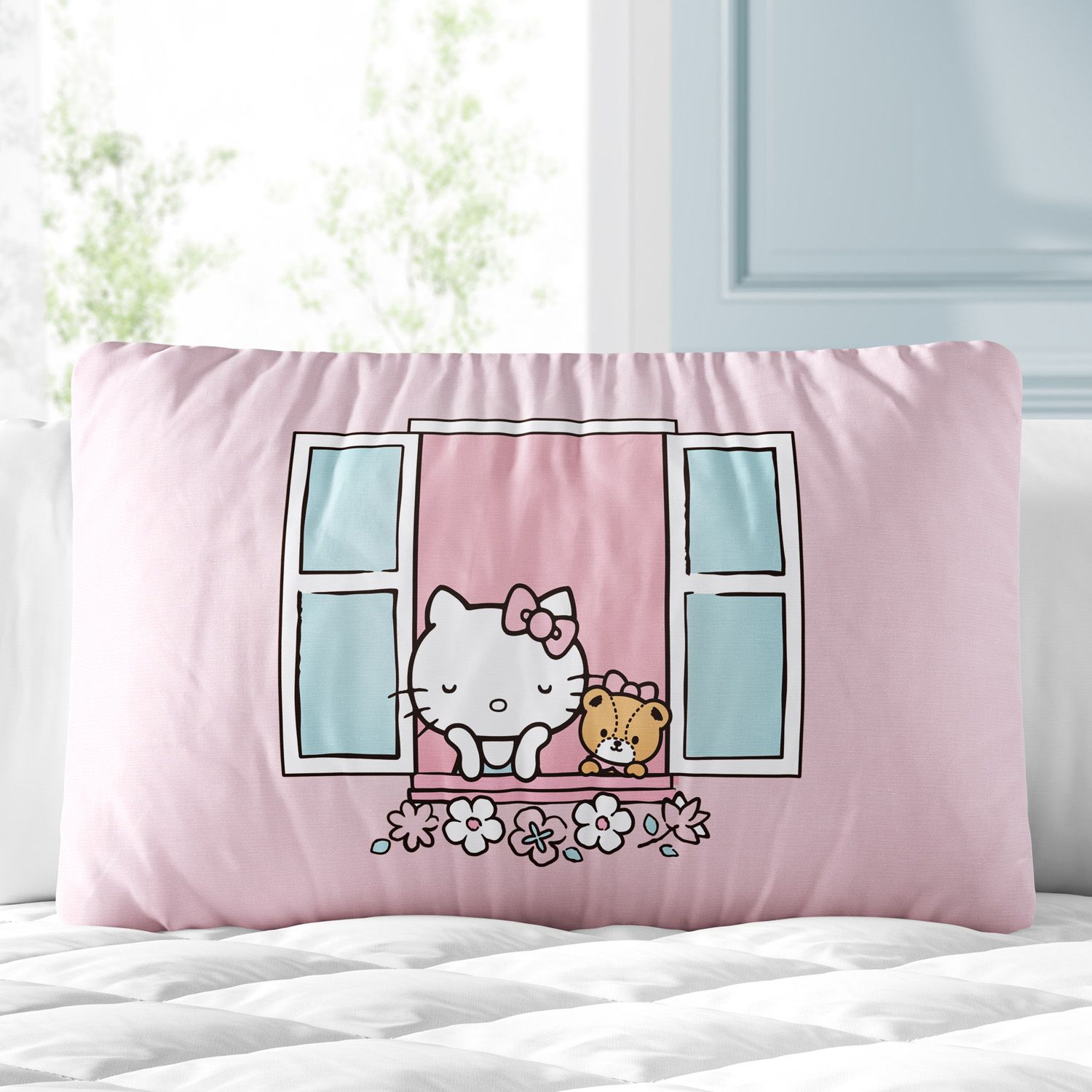 Almofada Retangular Hello Kitty na Janela Rosa 35cm