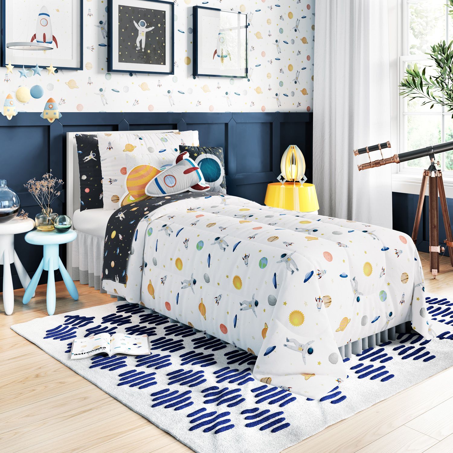 Jogo de Lençol Infantil Solteiro Astronauta Branco e Preto