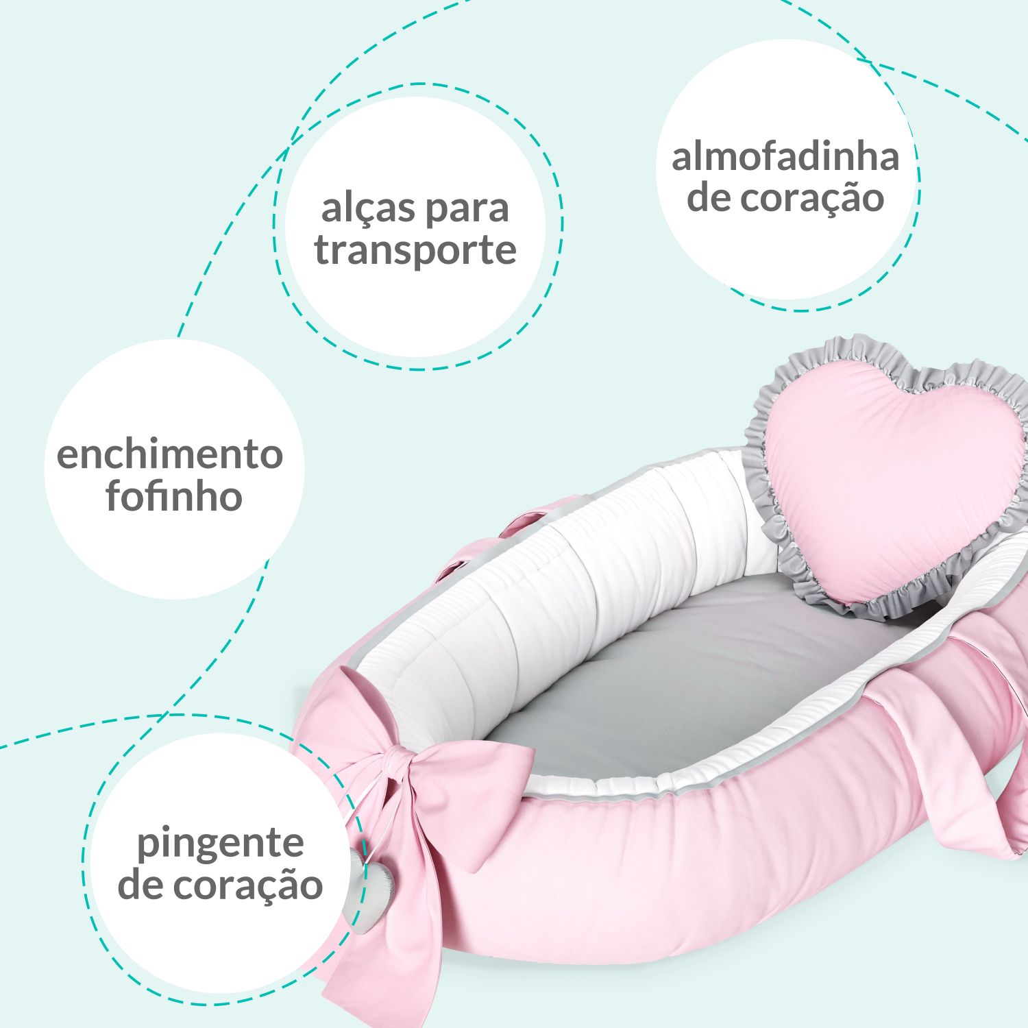 Ninho para Bebê Redutor de Berço Coração Rosa e Cinza