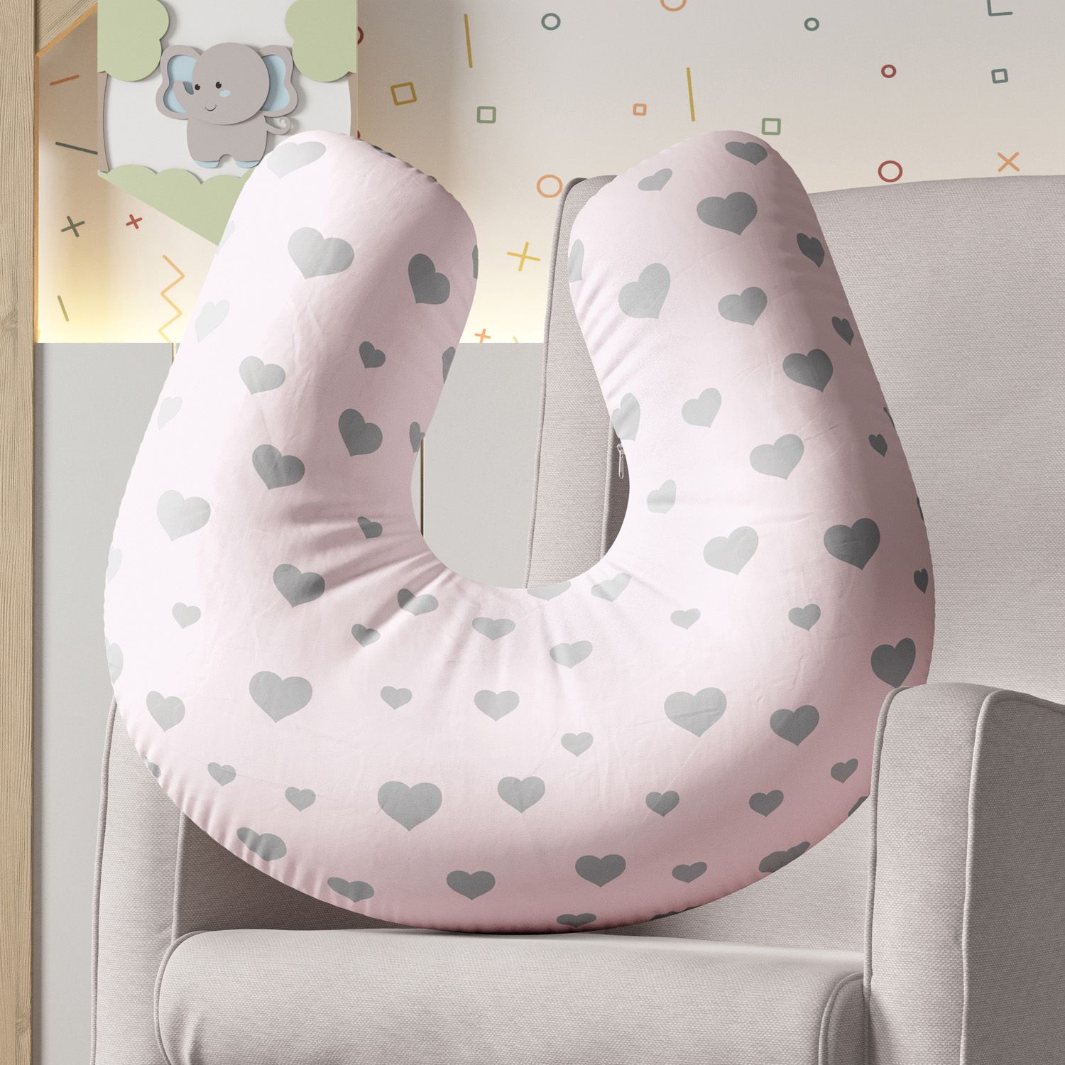 Almofada Amamentação Coração Rosa e Cinza
