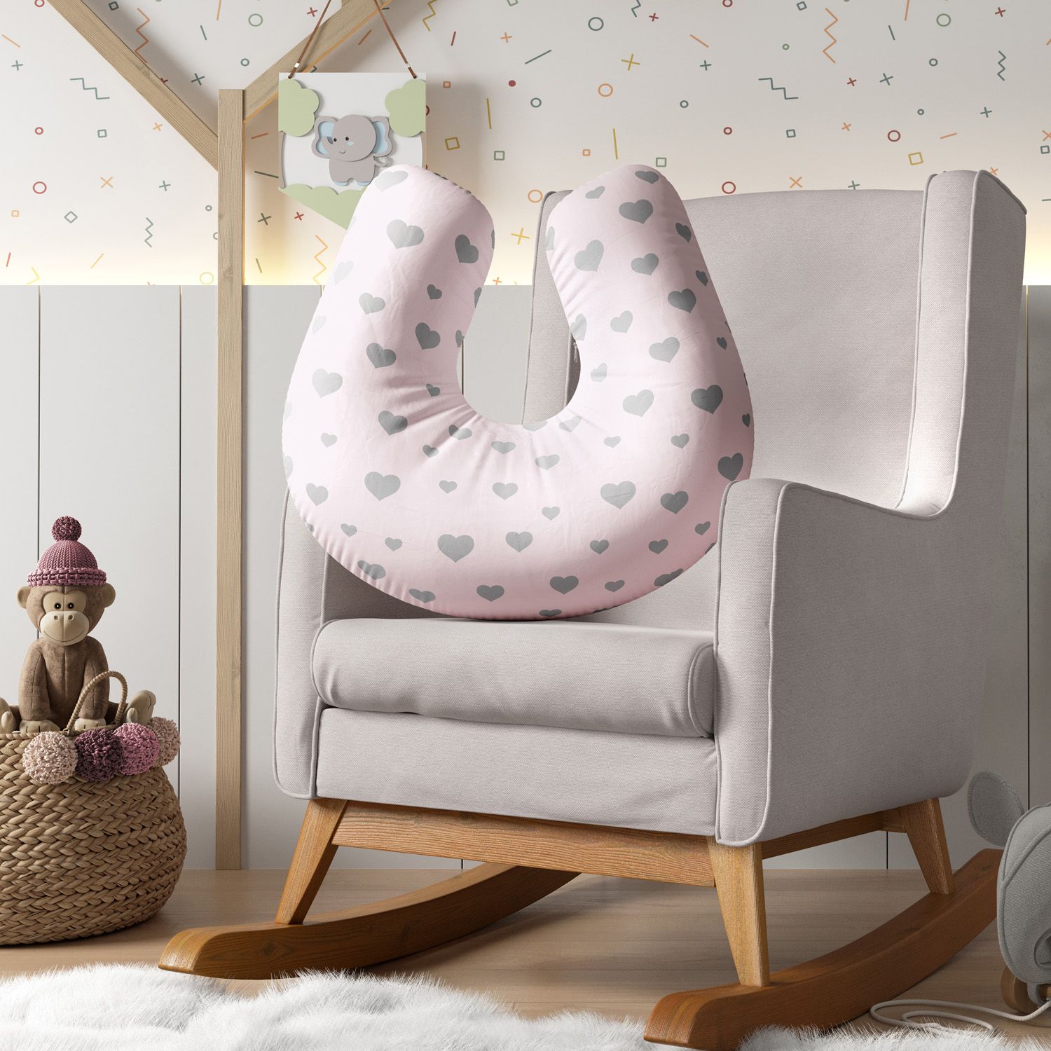 Almofada Amamentação Coração Rosa e Cinza