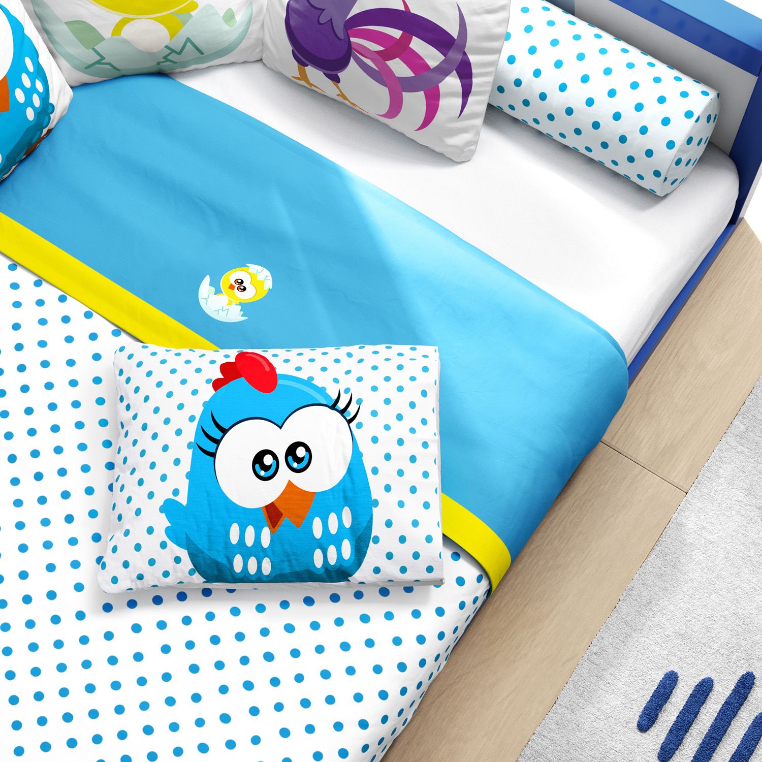 Jogo de Lençol Mini Cama Galinha Pintadinha Poá Azul