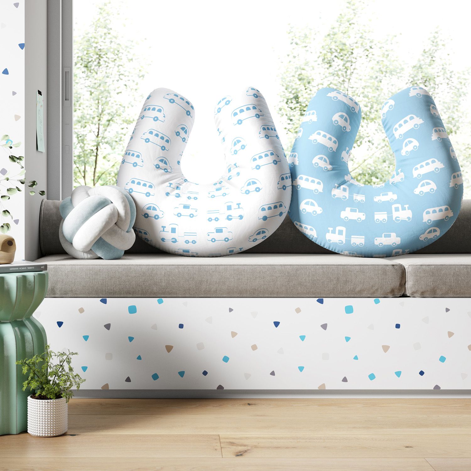 Almofada Amamentação Dupla Face Carrinho, Ônibus e Trem Azul