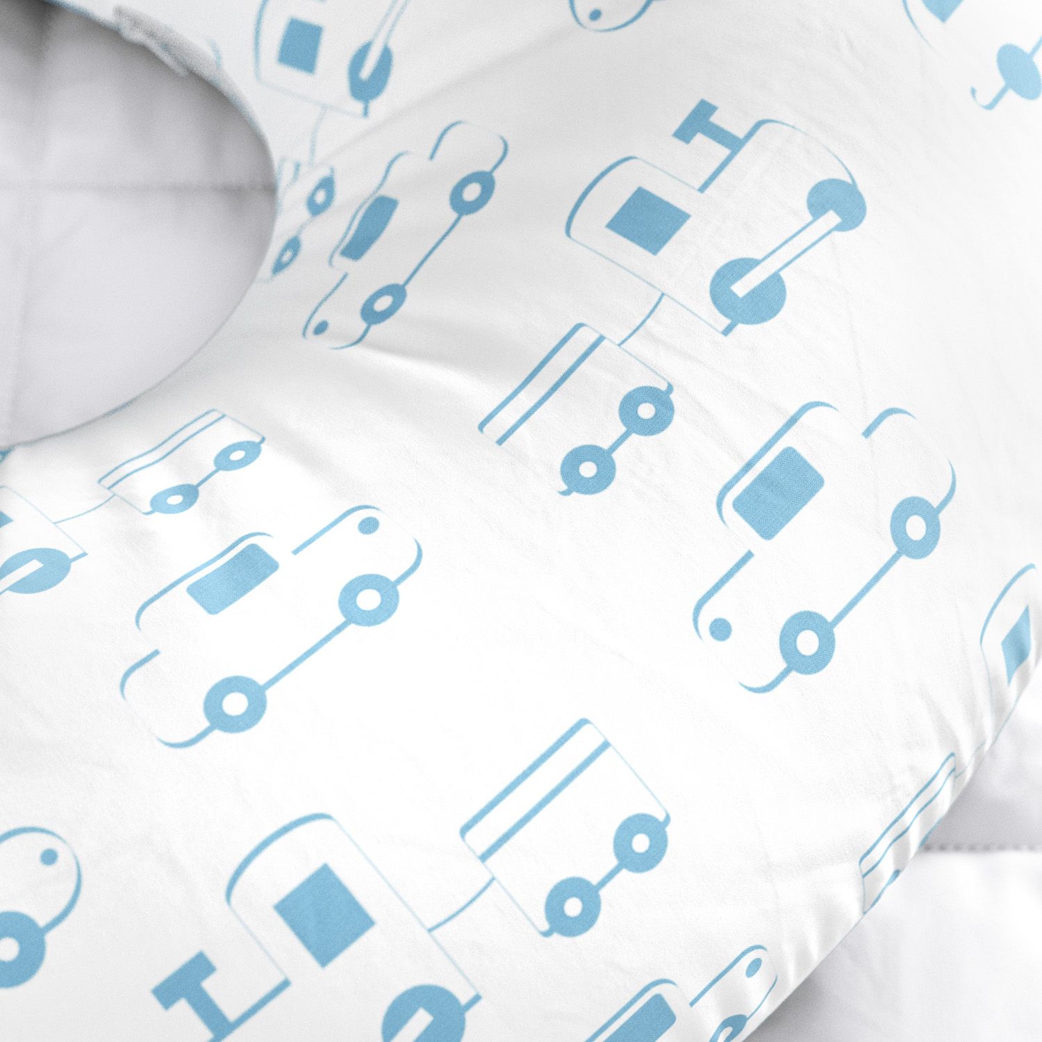 Almofada Amamentação Dupla Face Carrinho, Ônibus e Trem Azul