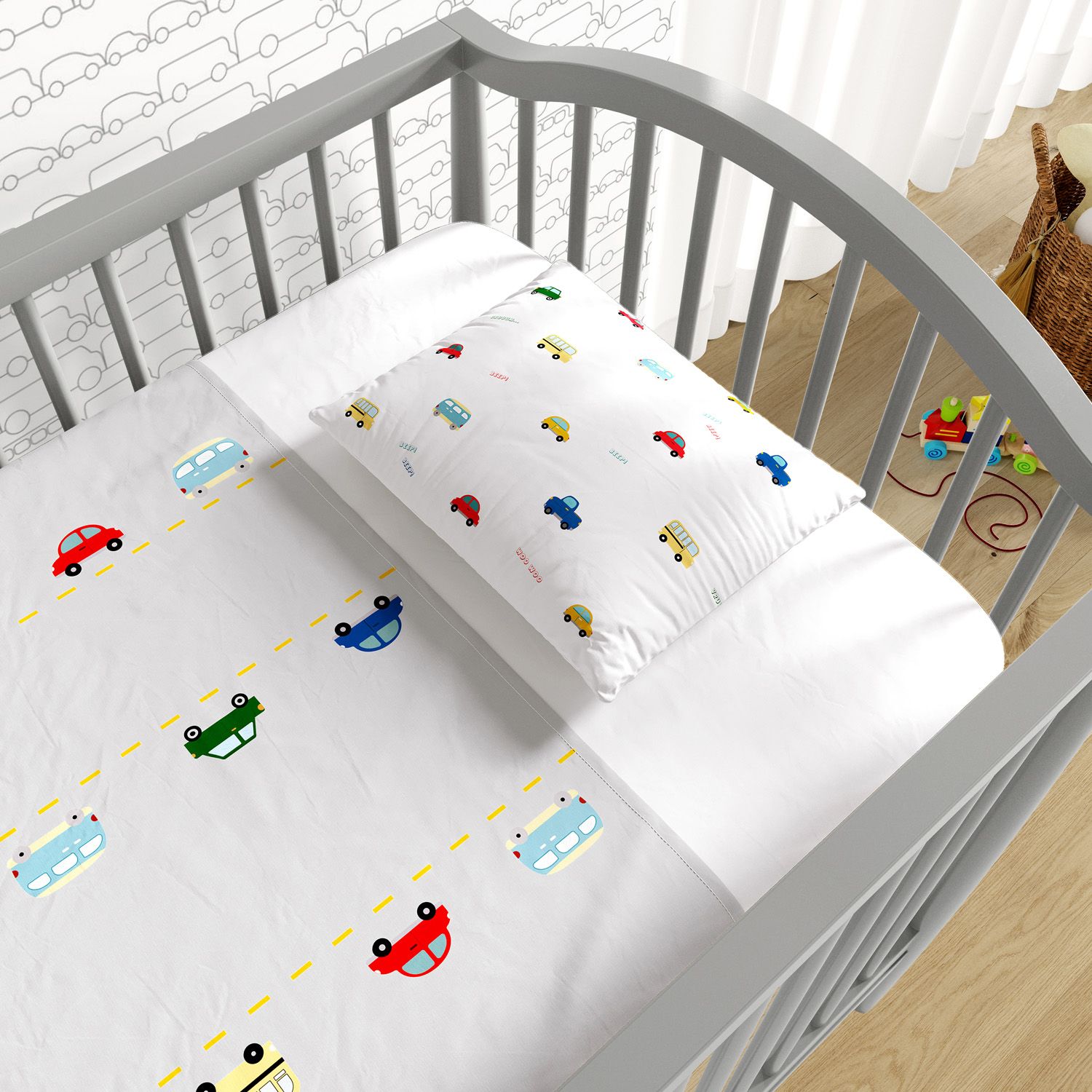 Jogo de Lençol Berço Carrinhos Coloridos 03 Peças